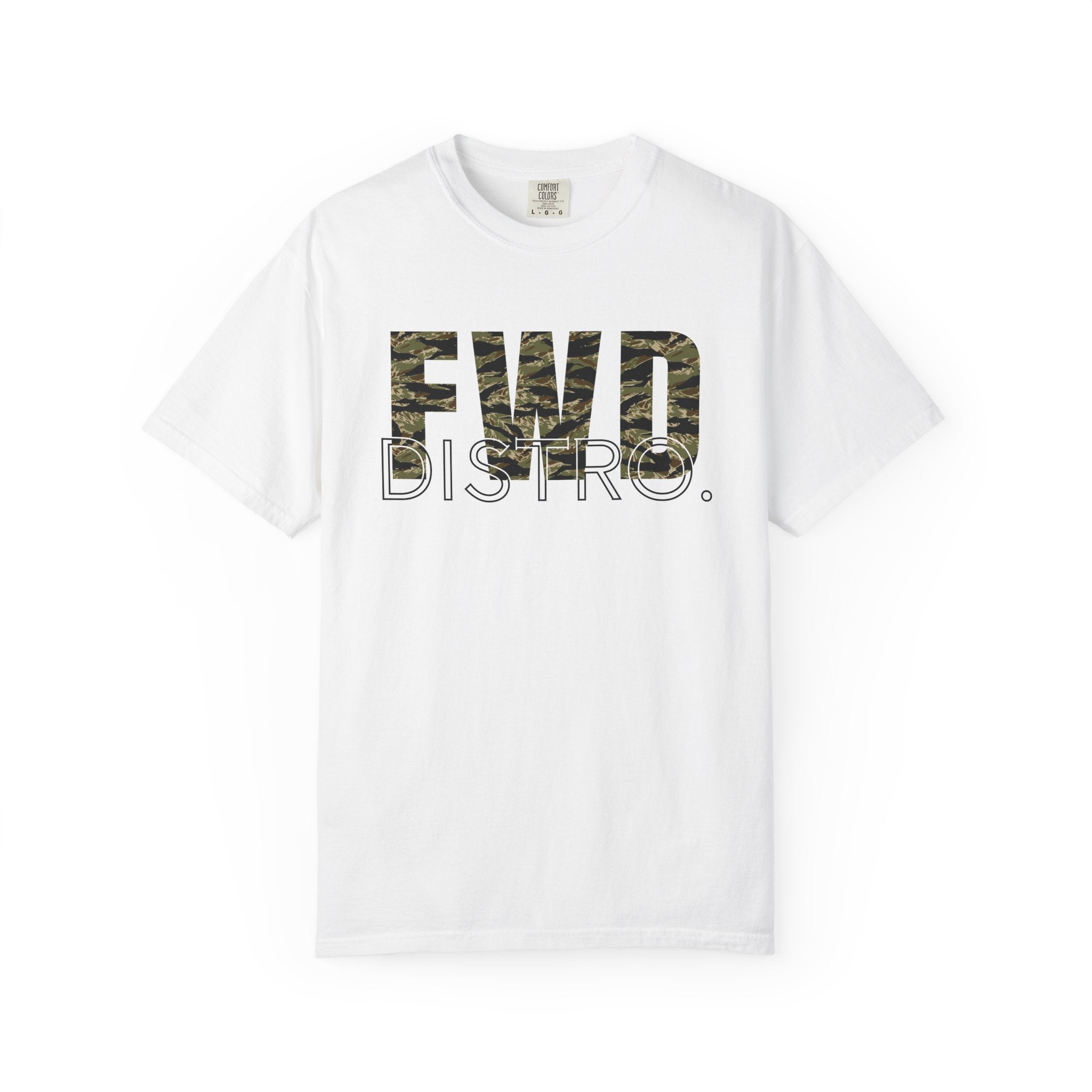 White heavyweight cotton t-shirt with "FWD DISTRO" tiger stripe graphic and relaxed fit, durable double-needle stitching.