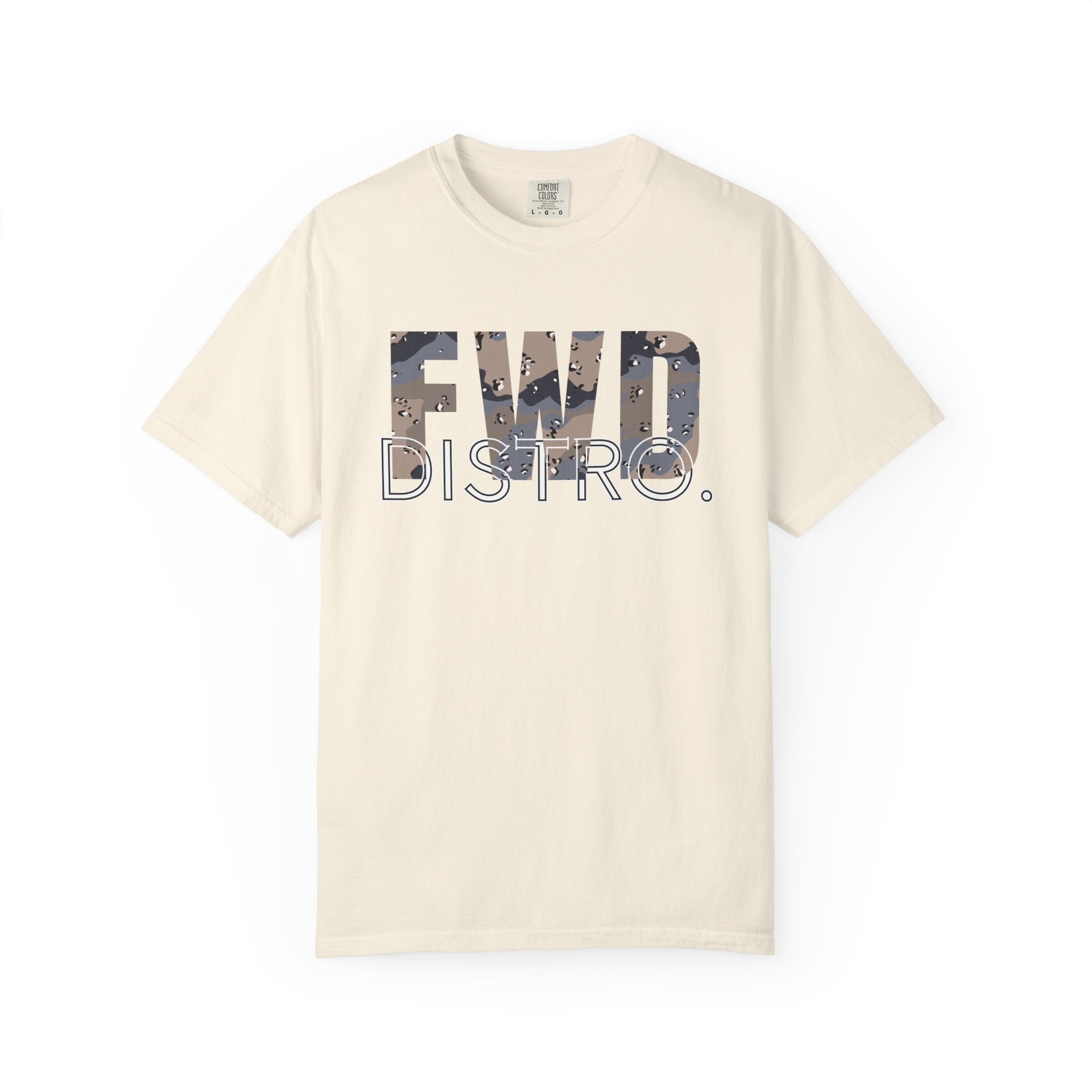 Ivory heavyweight cotton T-shirt with FWD DISTRO. logo in Blueberry Chip camo print on front.