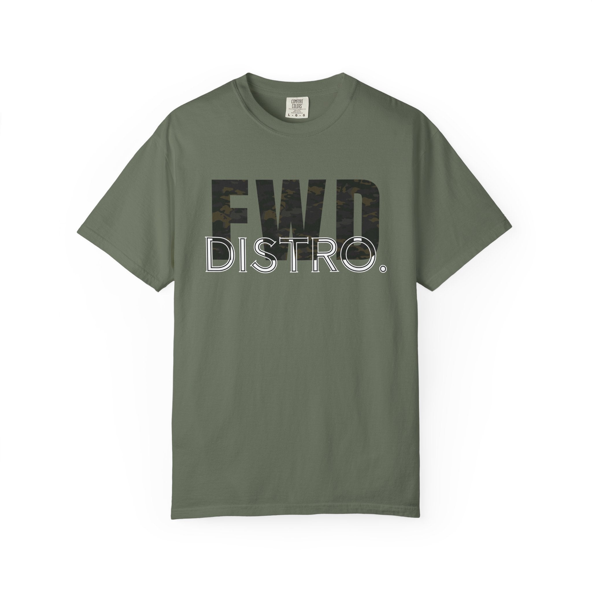 Moss heavyweight cotton t-shirt with FWD Distro logo in multicam camouflage print on front