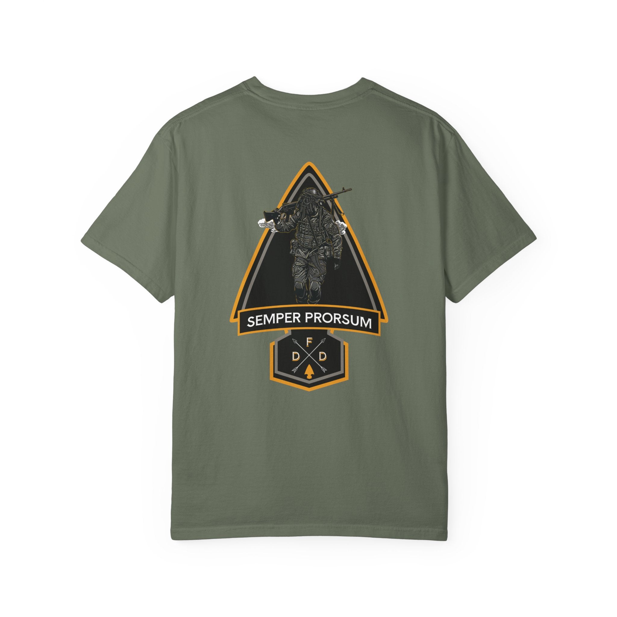 Moss FDD Arrow II t-shirt with soldier graphic and "Semper Prorsum" text on the back, heavyweight cotton blend.