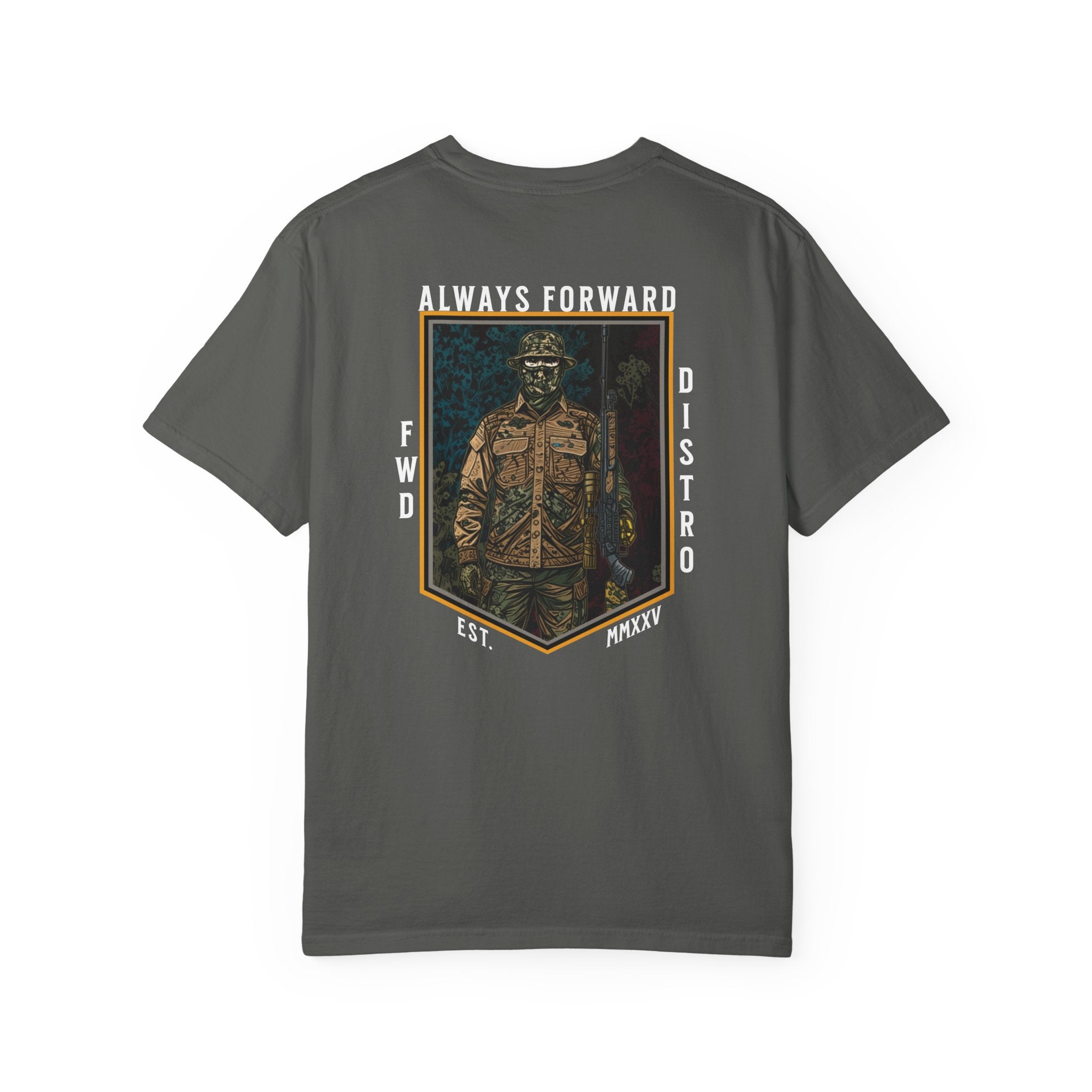 Pepper t-shirt with "Always Forward" graphic of a soldier in tactical gear on the back, relaxed fit, heavyweight cotton.