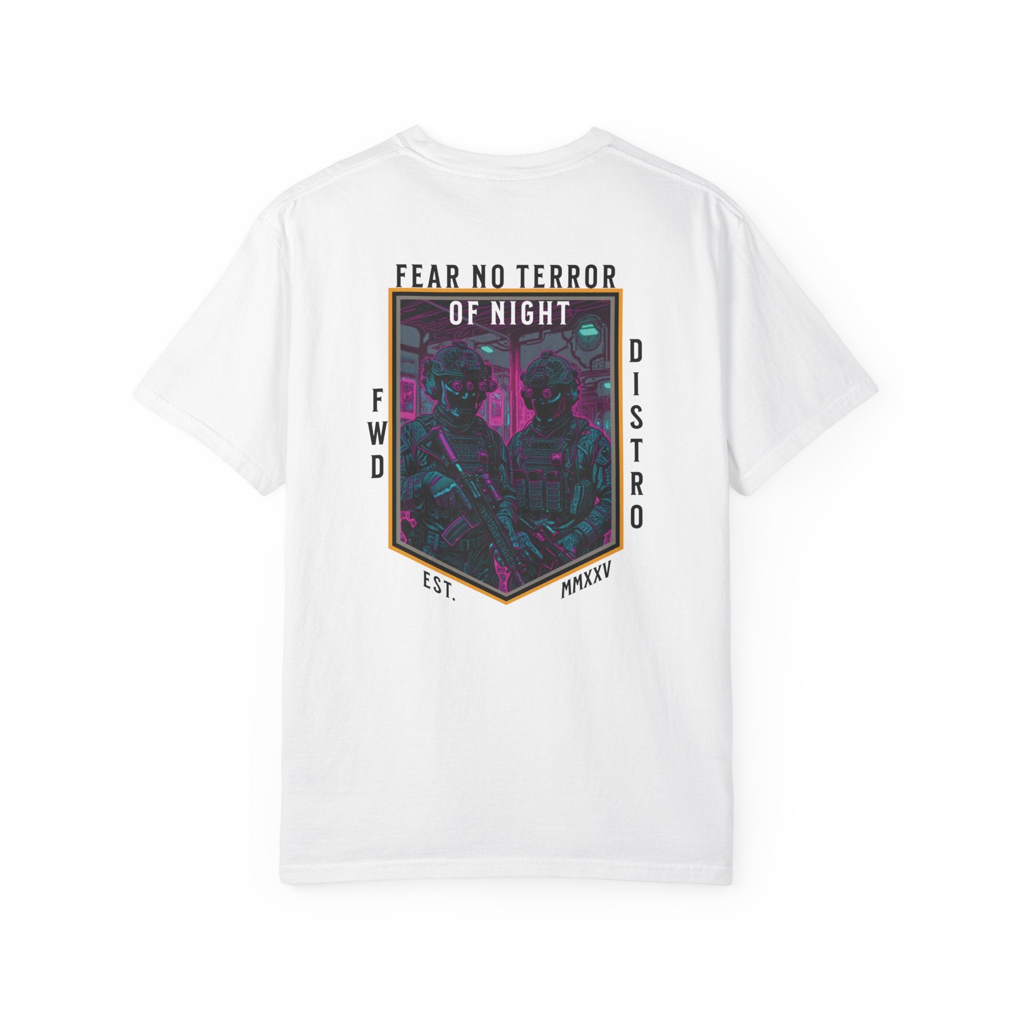 White t-shirt with a neon-colored graphic featuring a framed image of two soldiers in tactical gear with rifles and night vision goggles, with text "FEAR NO TERROR OF NIGHT" at the top of the design, giving the art a futuristic, synthwave aesthetic.