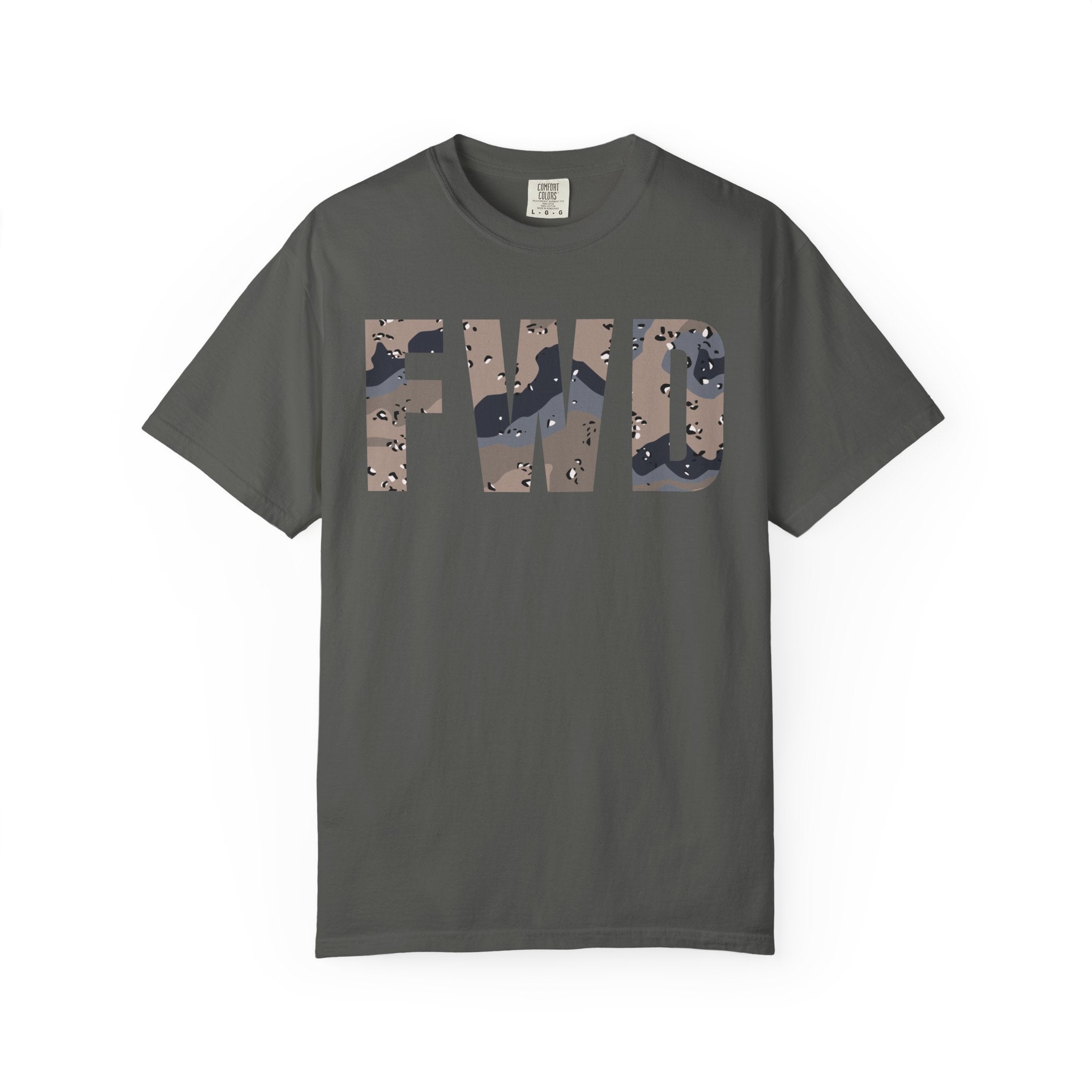 Pepper heavyweight cotton t-shirt with FWD text in blueberry chip camouflage print, relaxed fit and rib collar.