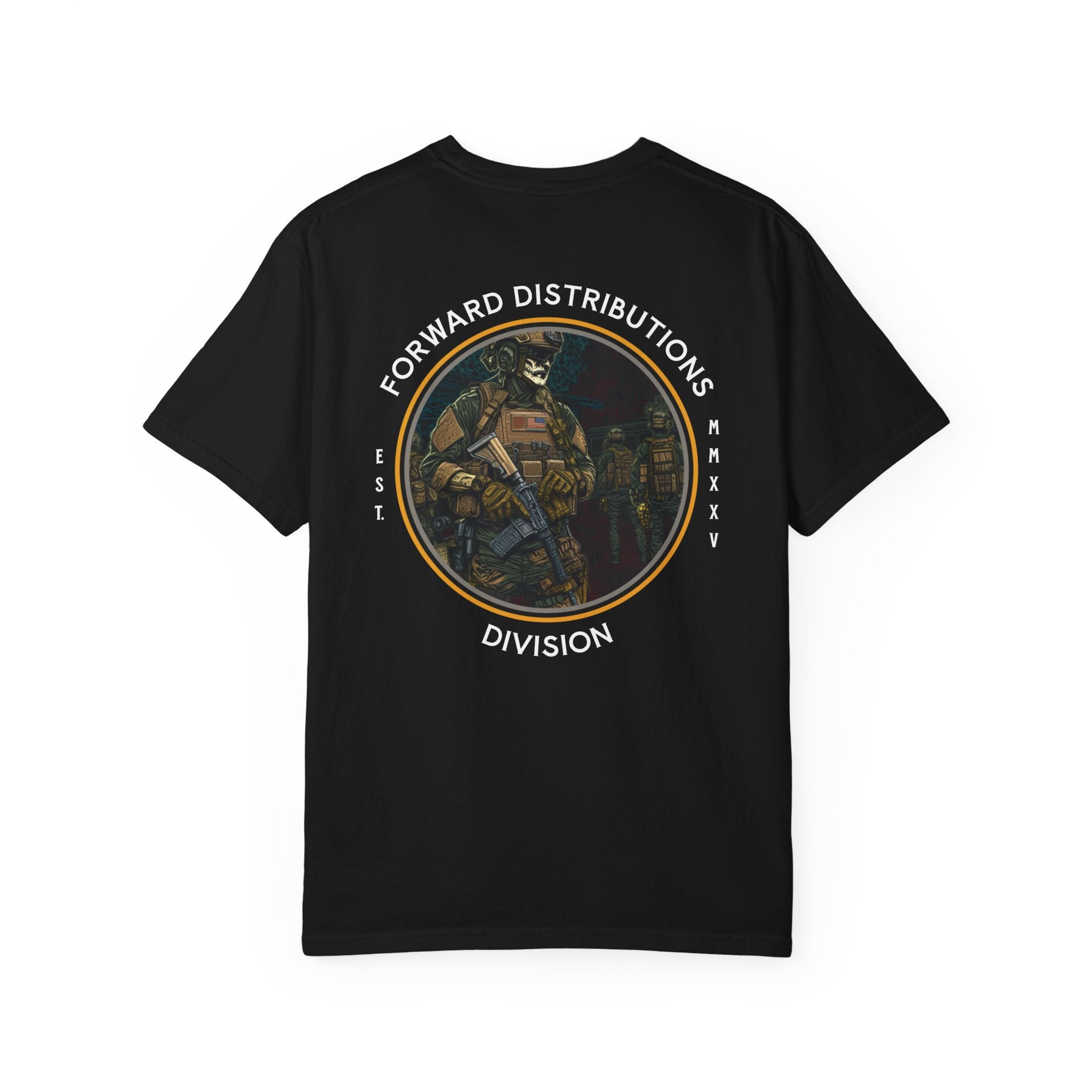 Black t-shirt with a circular graphic design with a soldier wearing a helmet and tactical gear, with text around the design reading "FORWARD DISTRIBUTIONS DIVISION."