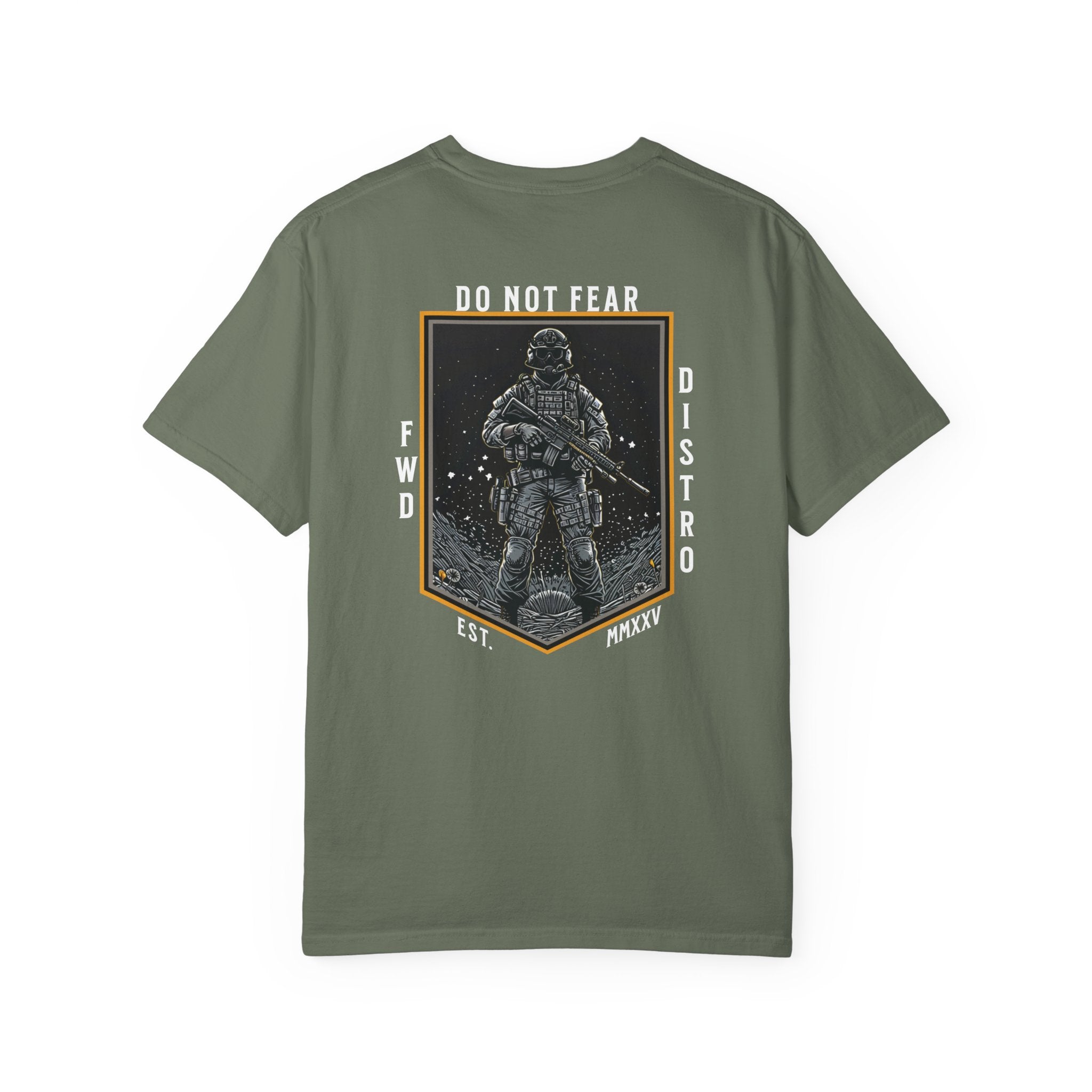Moss heavyweight cotton T-shirt with Soldier holding rifle graphic and Do Not Fear text design on back.
