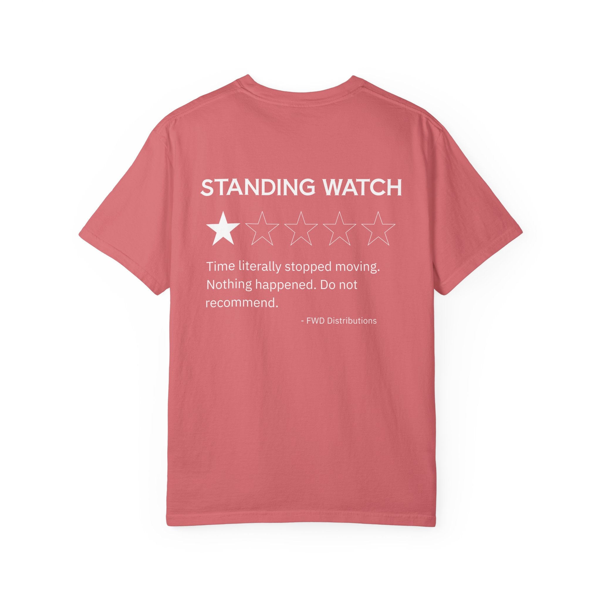 Watermelon cotton t-shirt with a humorous Standing Watch review showing one star.