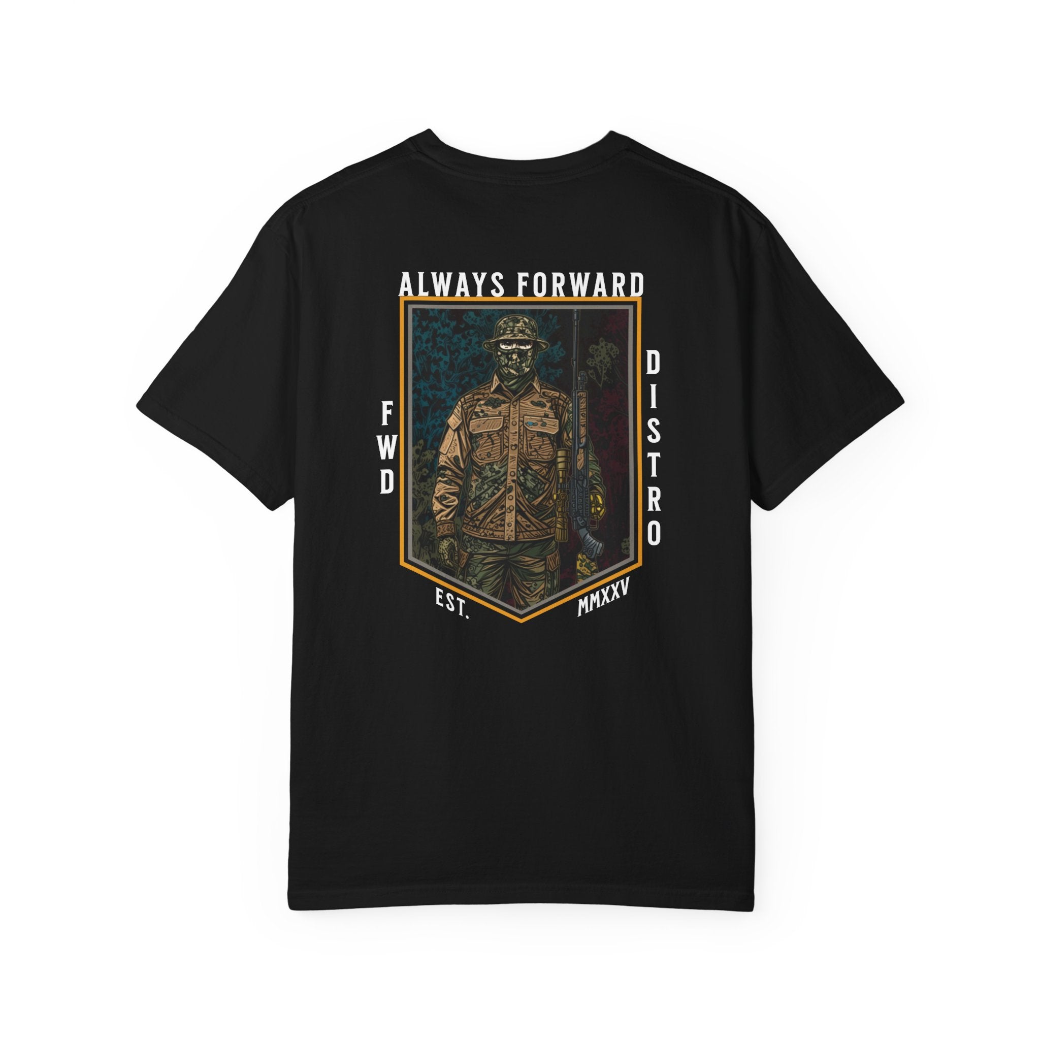 Black t-shirt with "Always Forward" graphic of a soldier in tactical gear on the back, relaxed fit, heavyweight cotton.