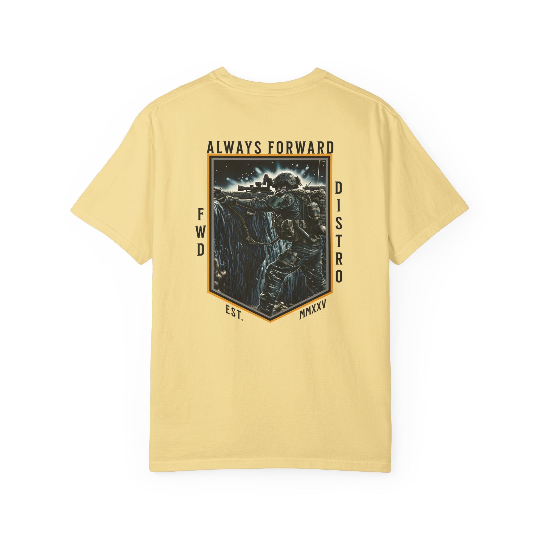Butter heavyweight cotton t-shirt with detailed graphic of soldier shooting over bunker and text Always Forward.