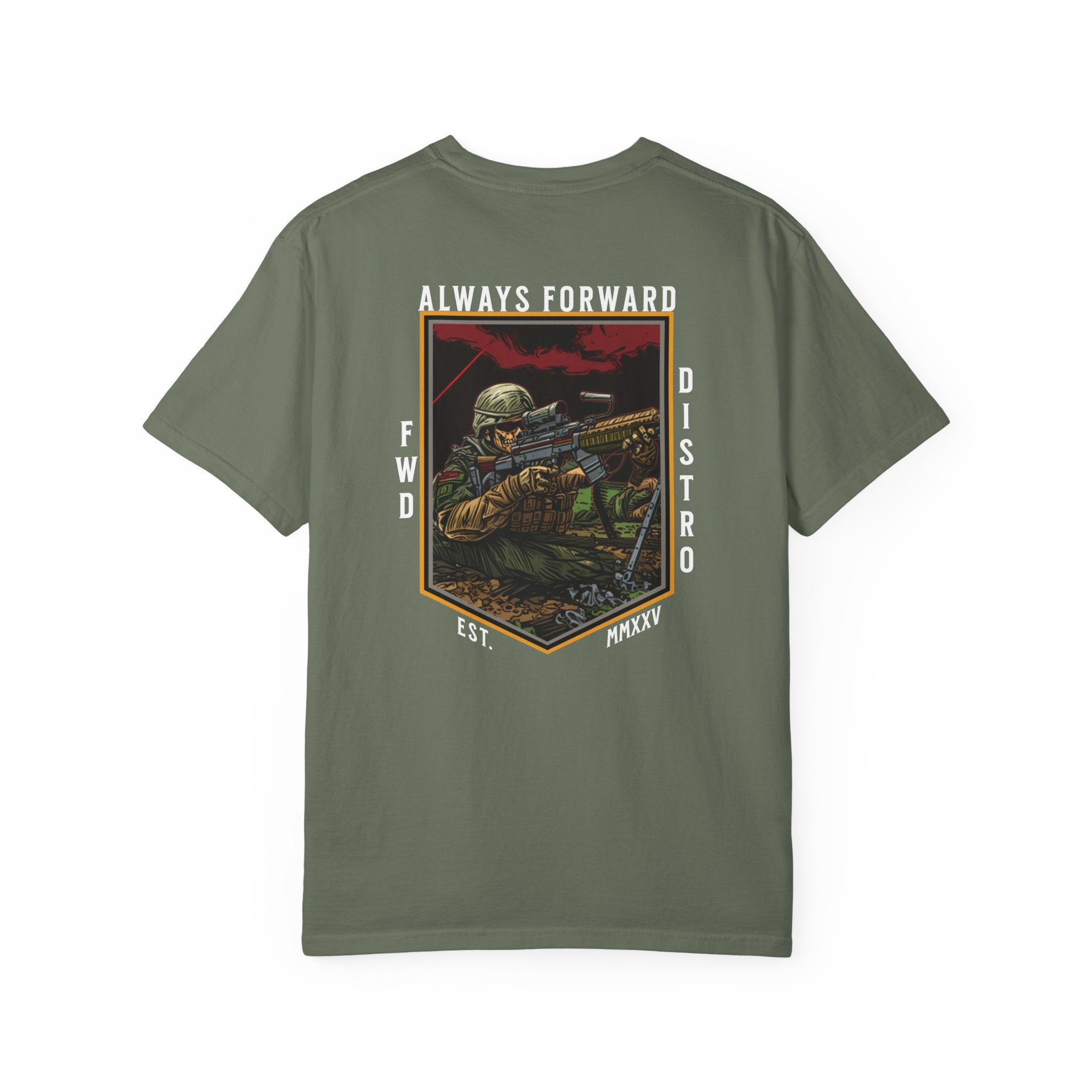 Moss heavyweight cotton t-shirt with "Always Forward" military sniper graphic and text design on back.