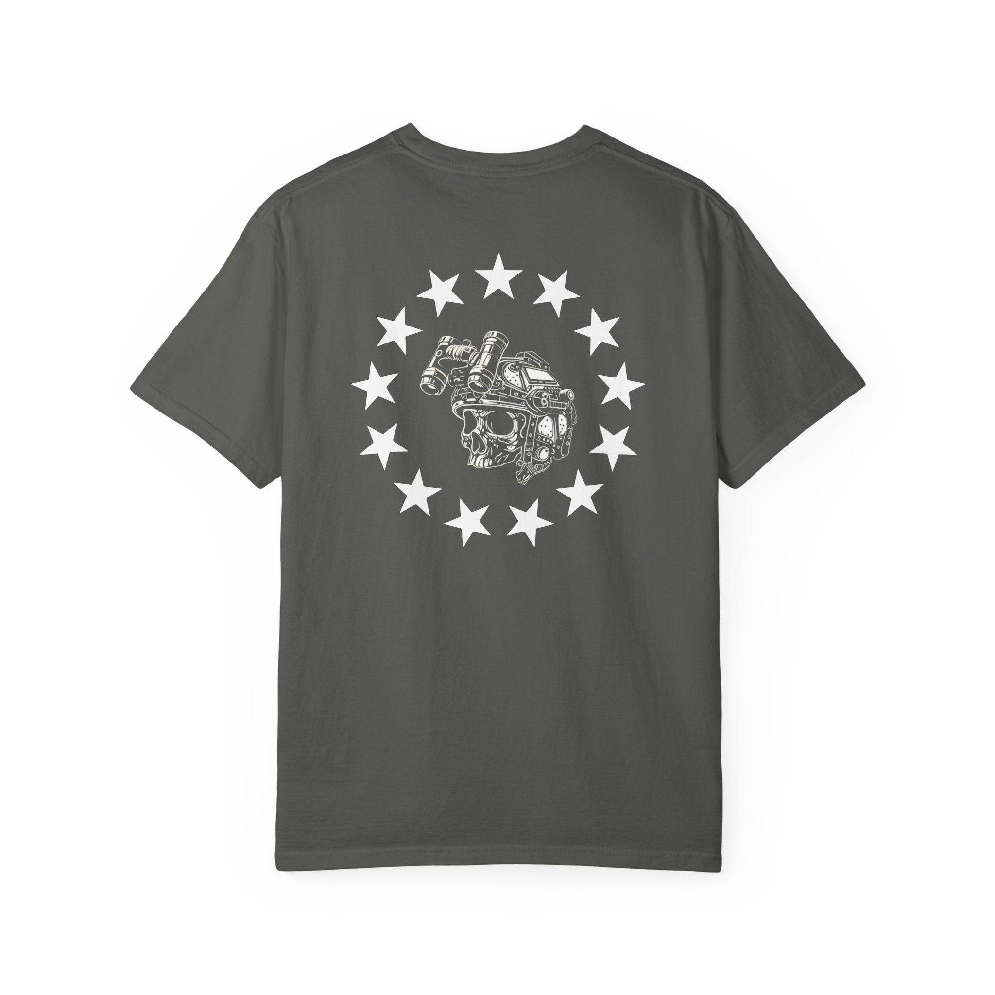 Pepper heavyweight cotton t-shirt with a white rebellion skull and star circle graphic on the back.