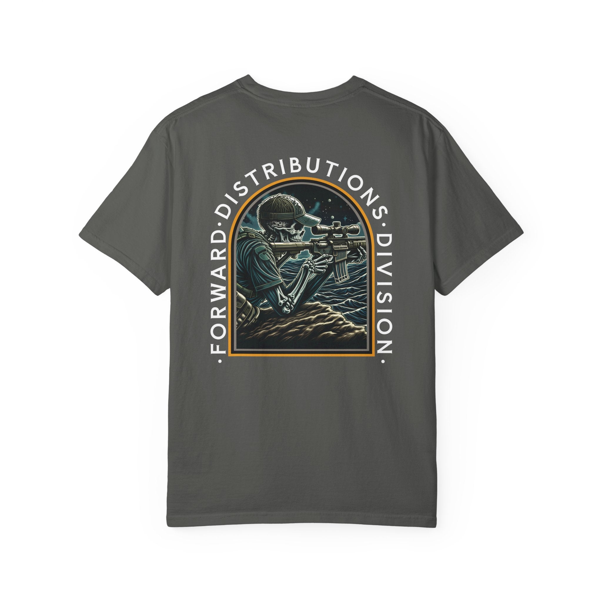 Pepper FDD Arch II t-shirt with a skeleton sniper design and "Forward Distributions Division" text on back.