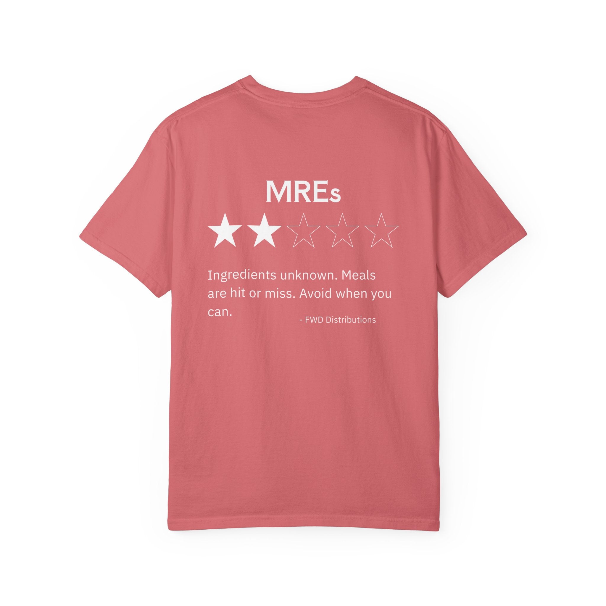 Watermelon t-shirt with a humorous MREs review showing two stars and a warning about unknown ingredients.