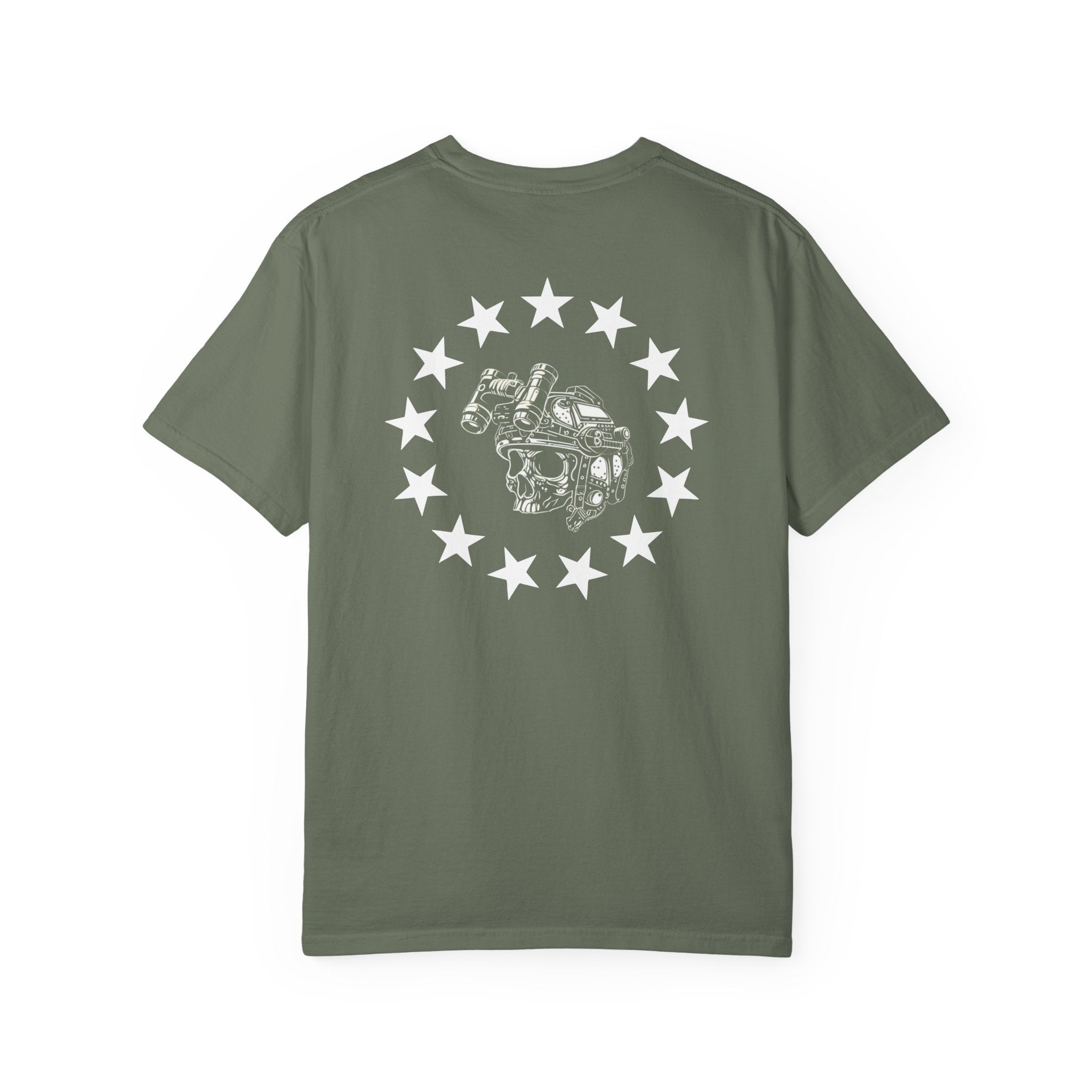 Moss heavyweight cotton t-shirt with a white rebellion skull and star circle graphic on the back.