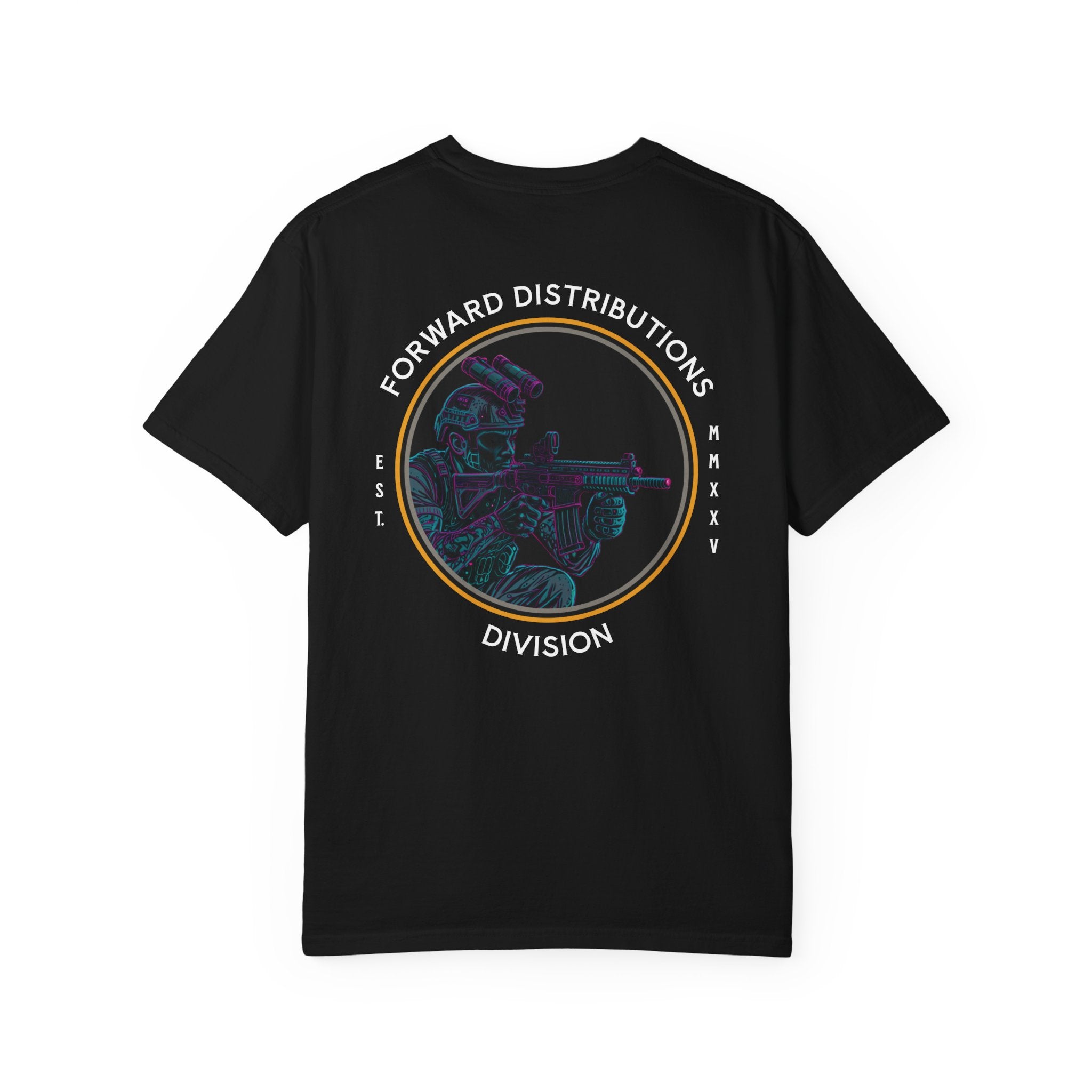 Black heavyweight cotton t-shirt with a colorful soldier graphic and Forward Distributions Division text on the back.