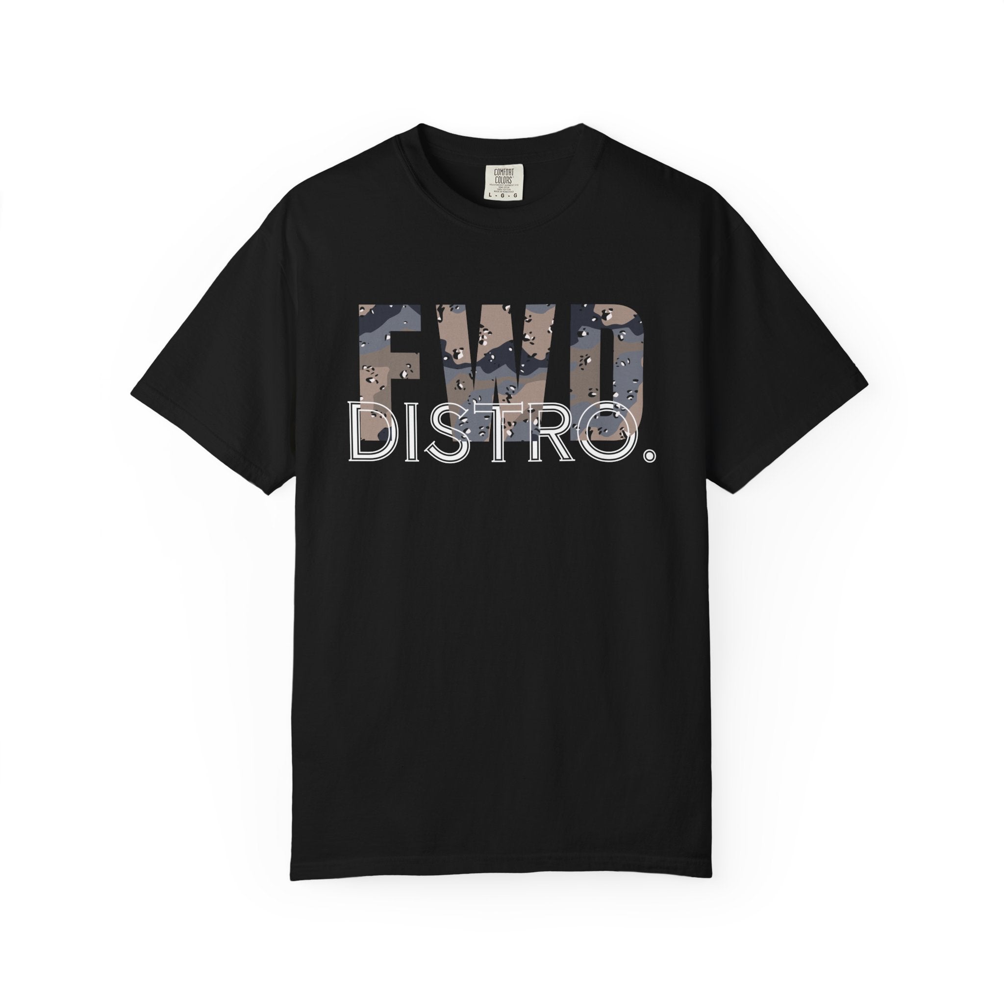 Black heavyweight cotton T-shirt with FWD DISTRO. logo in Blueberry Chip camo print on front.