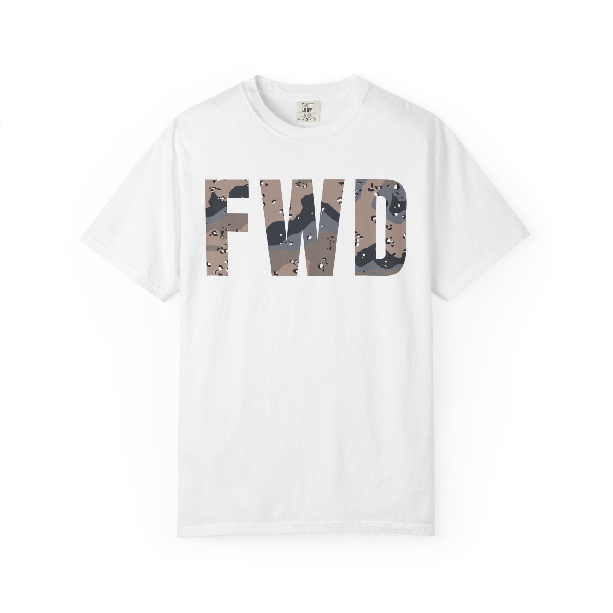 White heavyweight cotton t-shirt with FWD text in blueberry chip camouflage print, relaxed fit and rib collar.