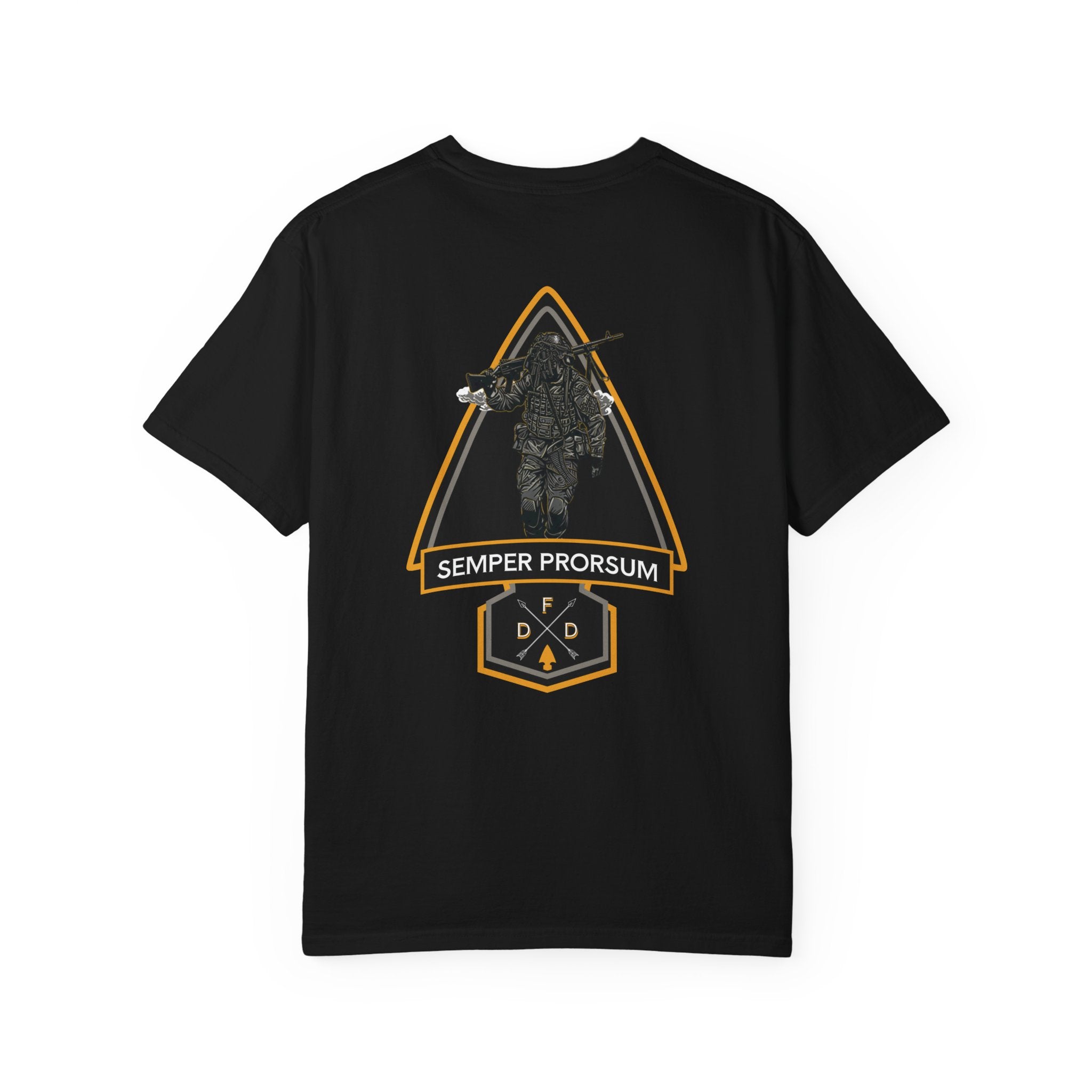 Black FDD Arrow II t-shirt with soldier graphic and "Semper Prorsum" text on the back, heavyweight cotton blend.
