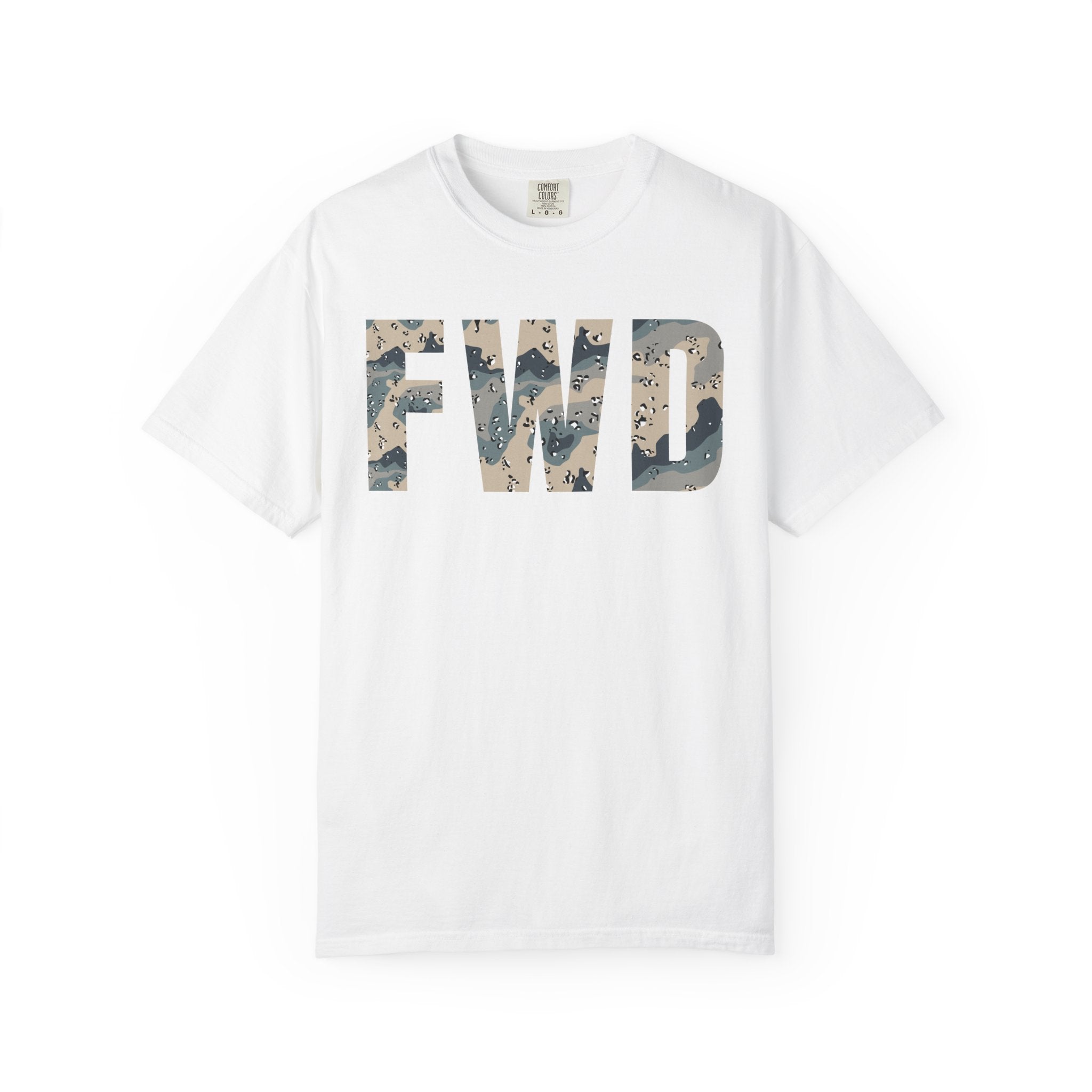 White heavyweight cotton t-shirt with FWD text in polar choc chip camo pattern, relaxed fit, rib collar, and durable stitching.