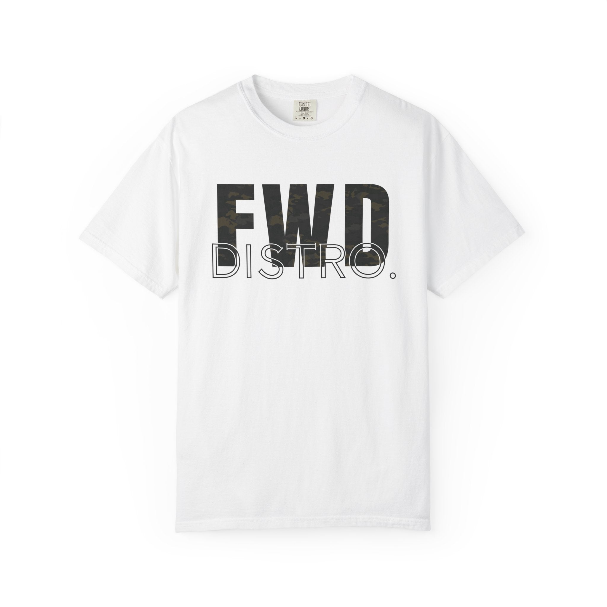 White heavyweight cotton t-shirt with FWD Distro logo in multicam camouflage print on front