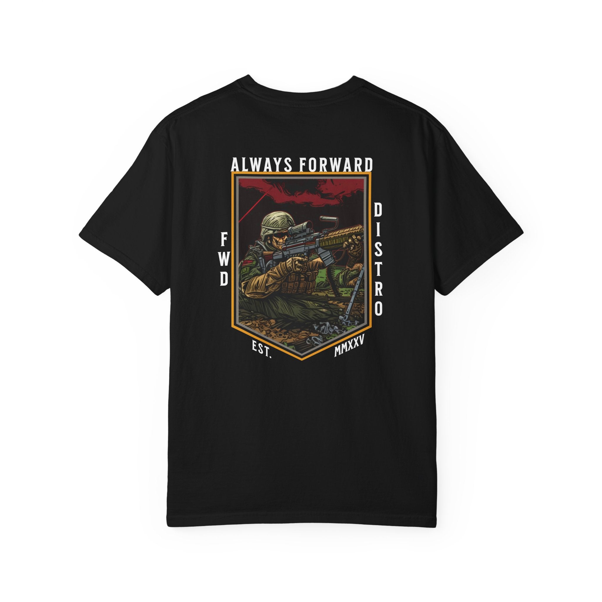 Black heavyweight cotton t-shirt with "Always Forward" military sniper graphic and text design on back.