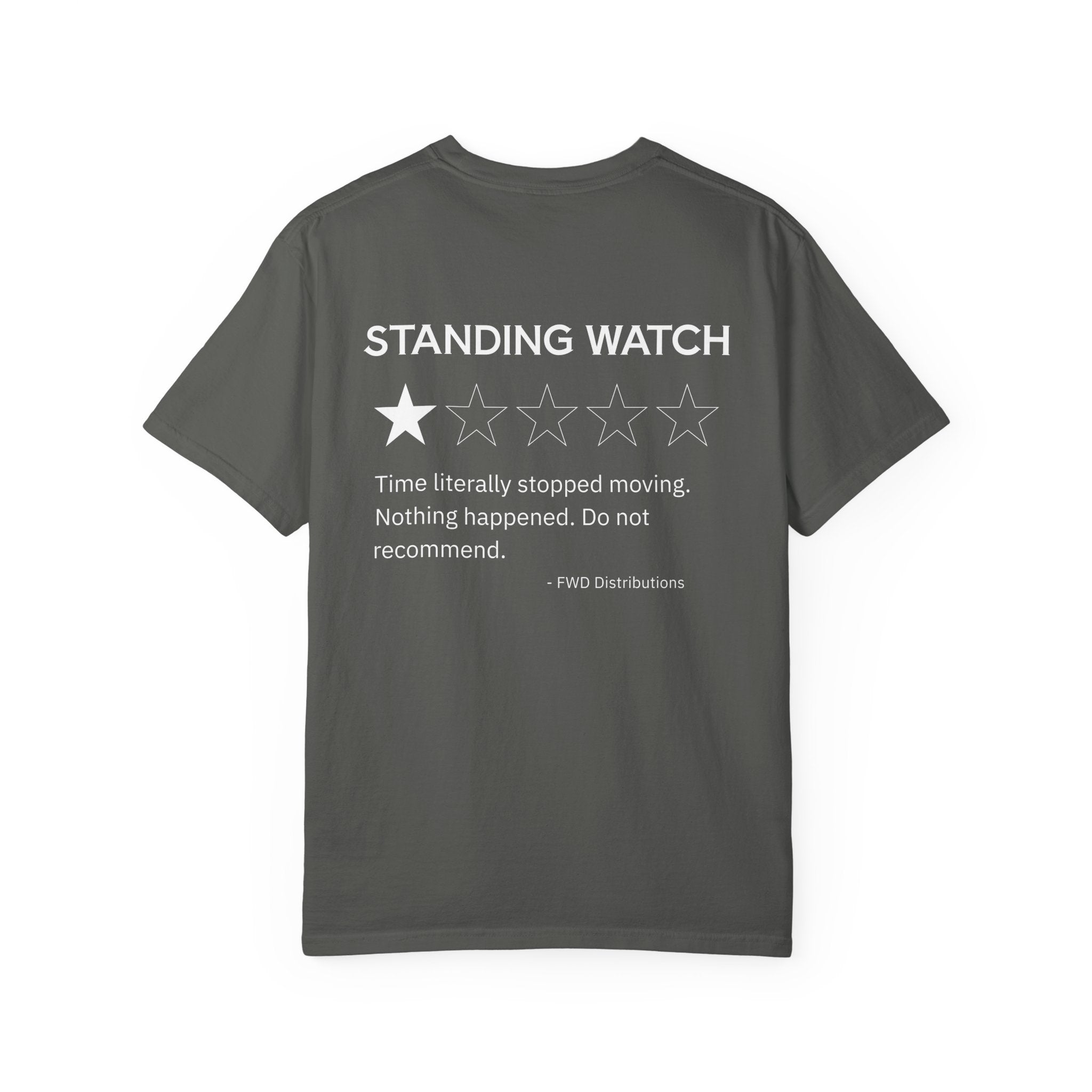 Pepper cotton t-shirt with a humorous Standing Watch review showing one star.