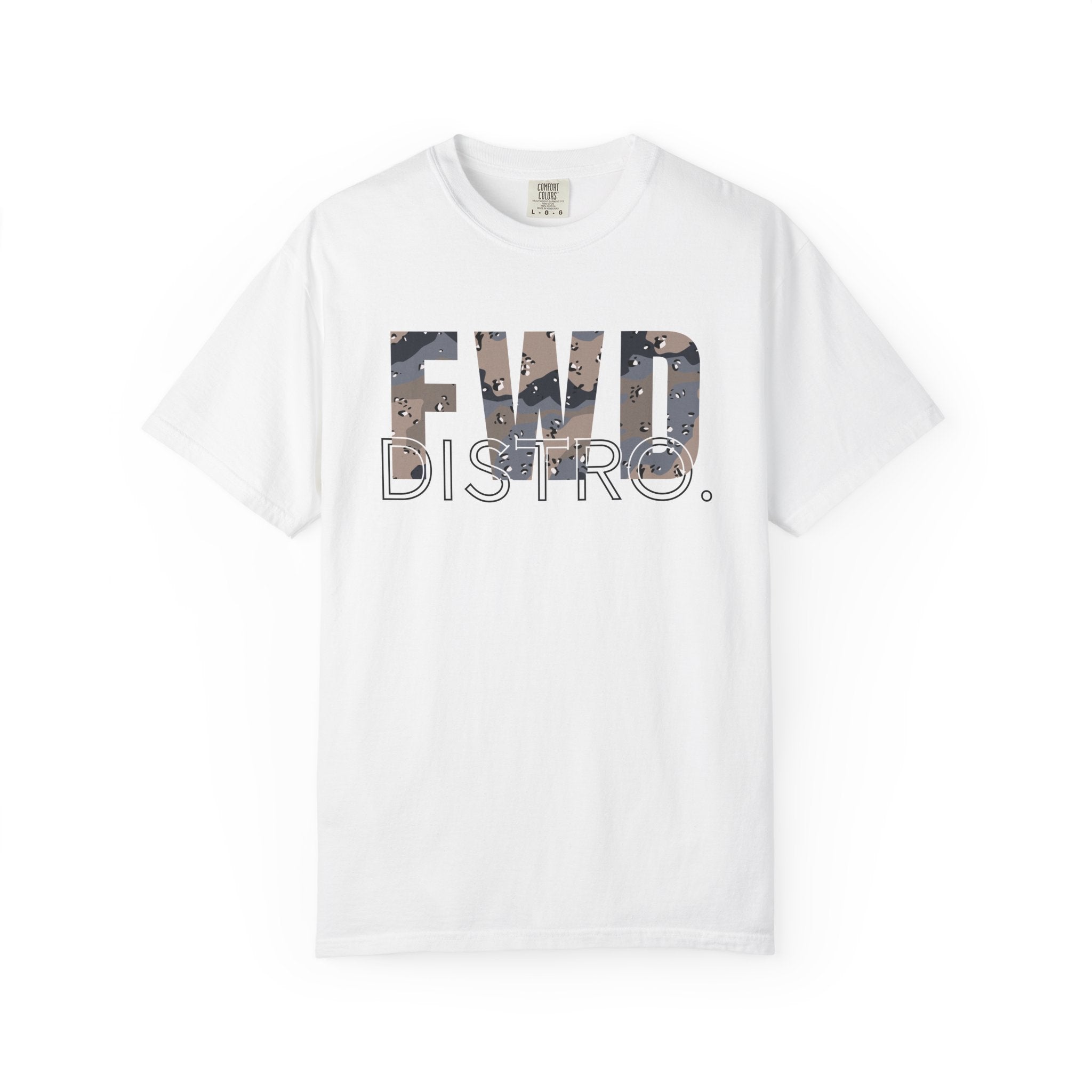 White heavyweight cotton T-shirt with FWD DISTRO. logo in Blueberry Chip camo print on front.