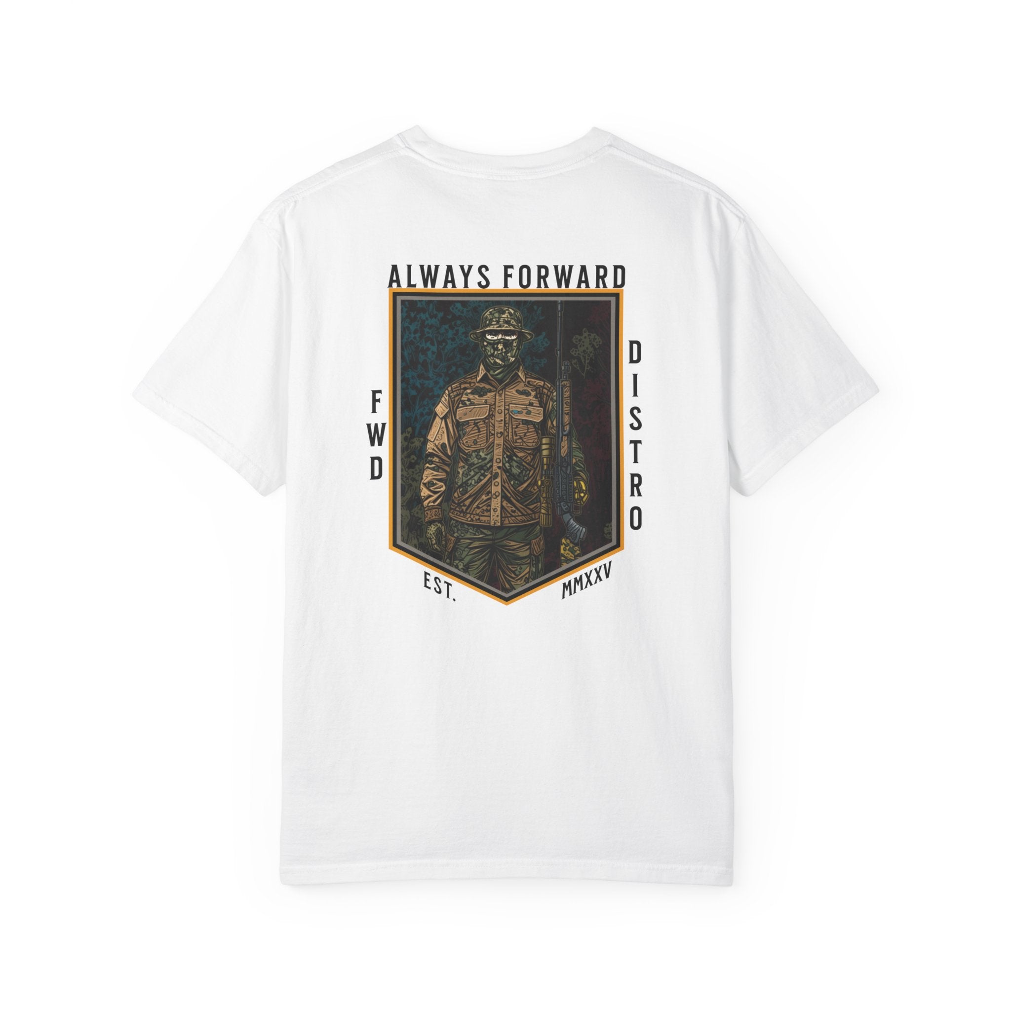 White t-shirt with "Always Forward" graphic of a soldier in tactical gear on the back, relaxed fit, heavyweight cotton.
