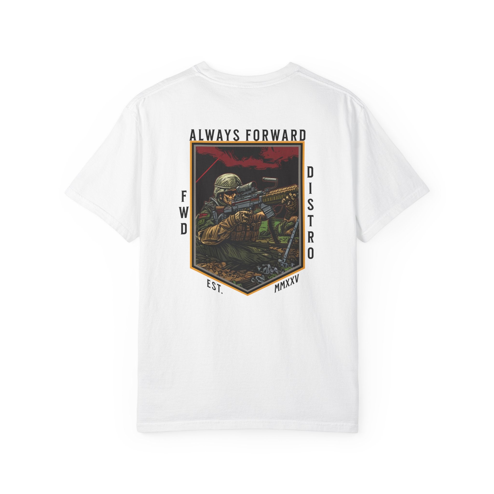 White heavyweight cotton t-shirt with "Always Forward" military sniper graphic and text design on back.