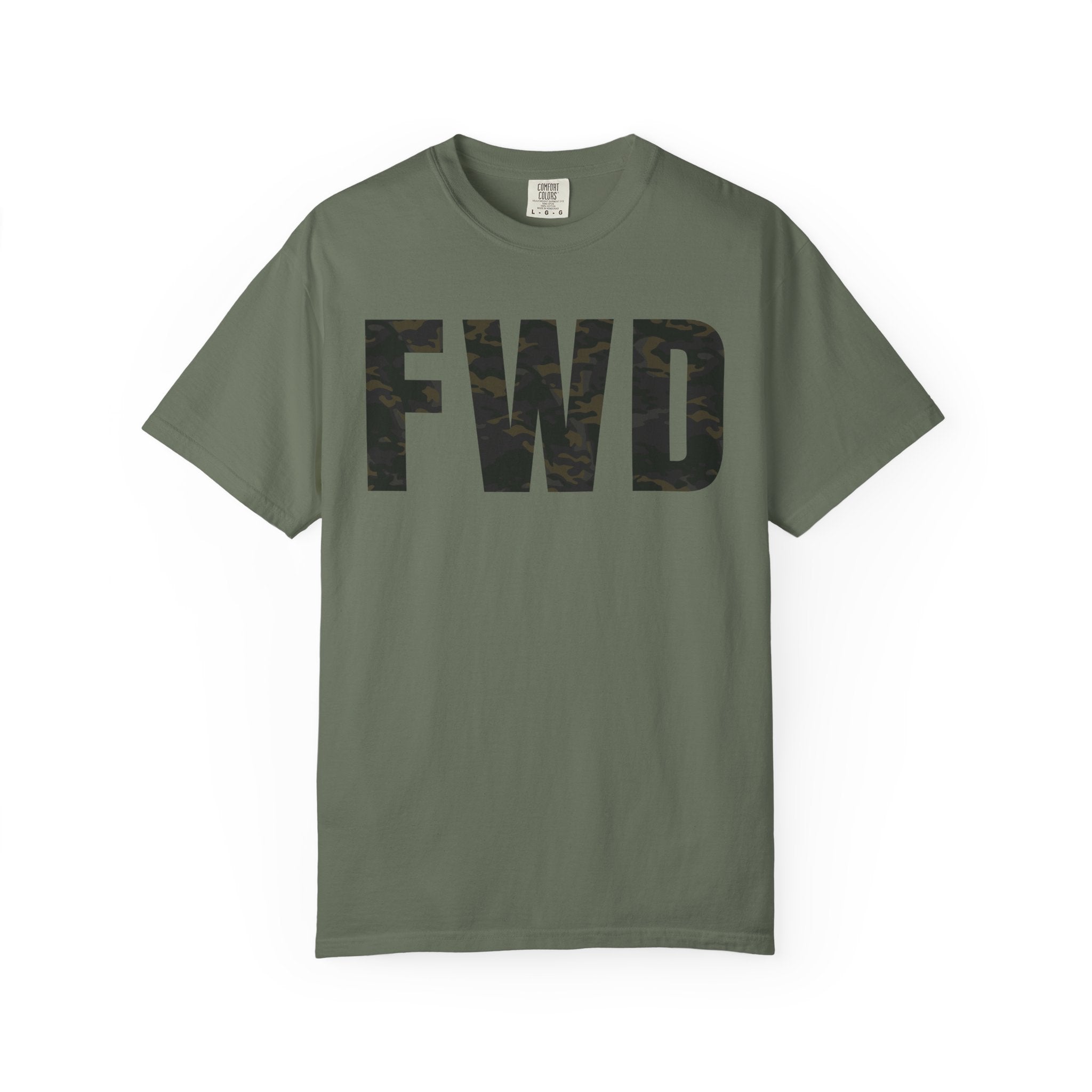 Moss heavyweight cotton t-shirt with multicam camo "FWD" text, relaxed fit and rib collar, garment-dyed finish.
