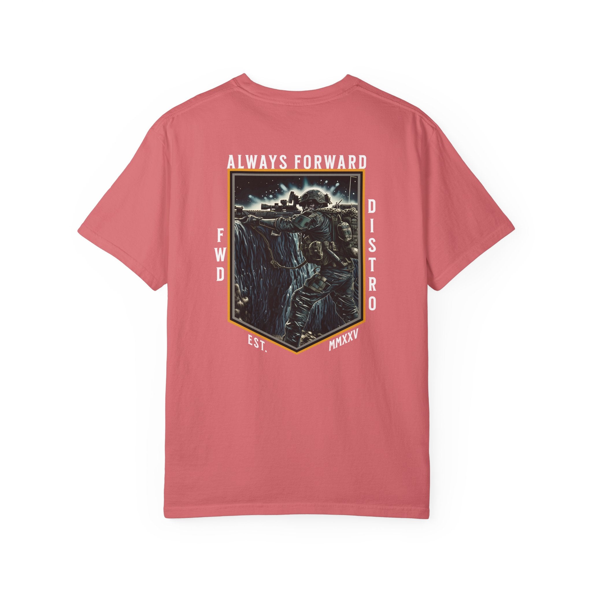 Watermelon heavyweight cotton t-shirt with detailed graphic of soldier shooting over bunker and text Always Forward.