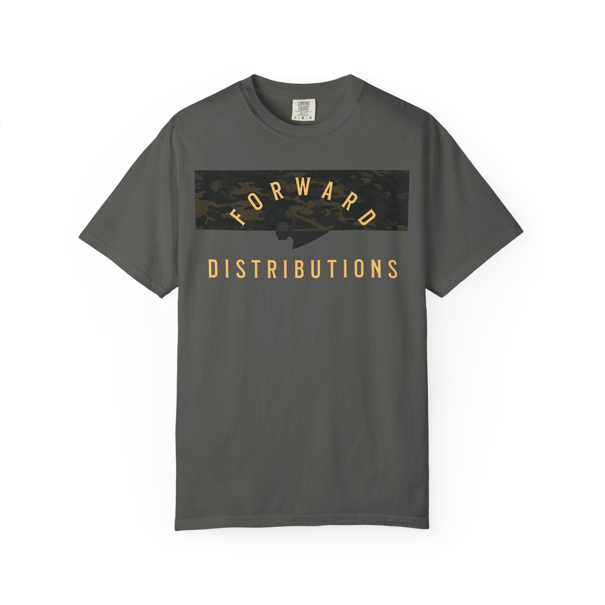 Pepper Split Camo Multicam t-shirt with Forward Distributions text, heavyweight cotton, relaxed fit, rib collar