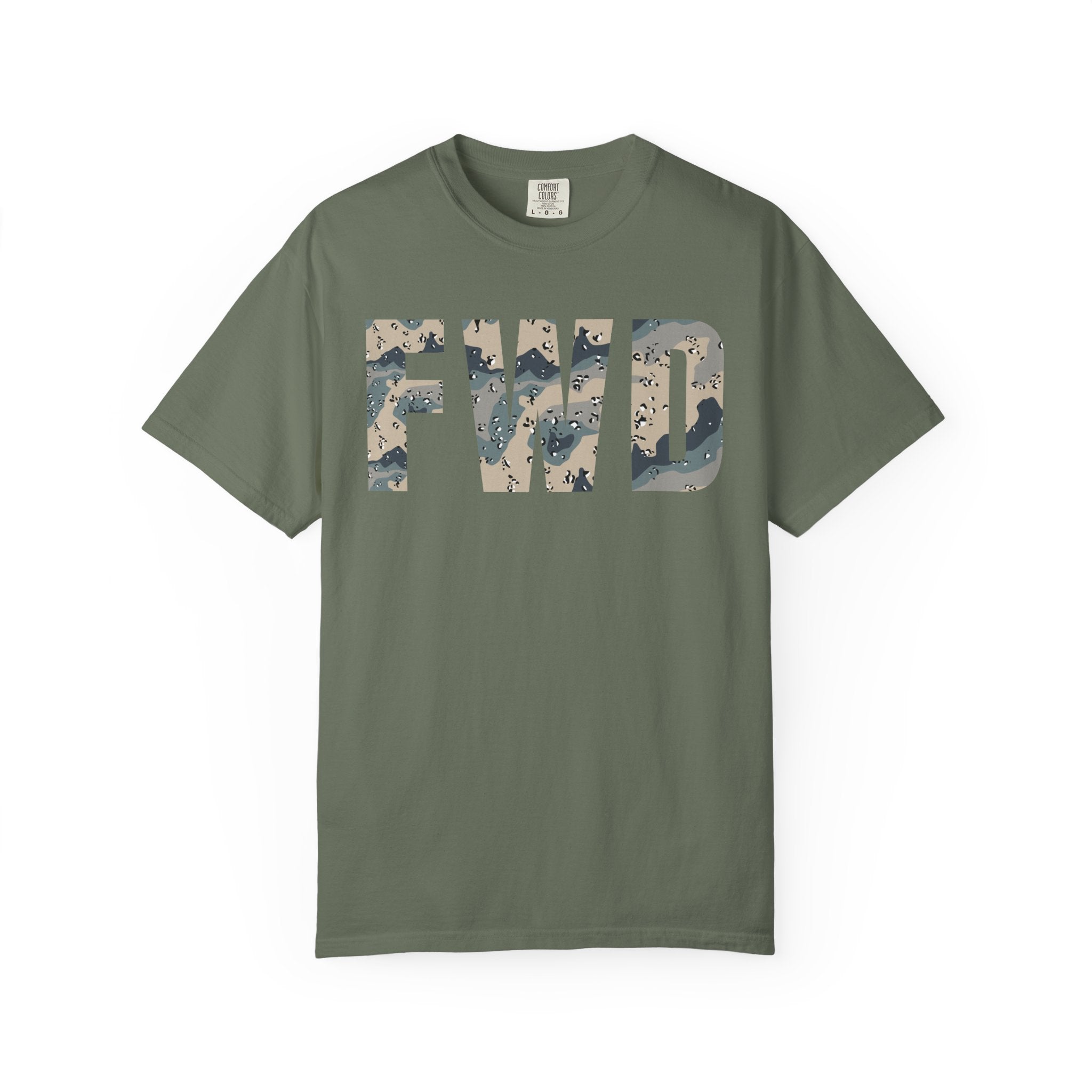 Moss heavyweight cotton t-shirt with FWD text in polar choc chip camo pattern, relaxed fit, rib collar, and durable stitching.