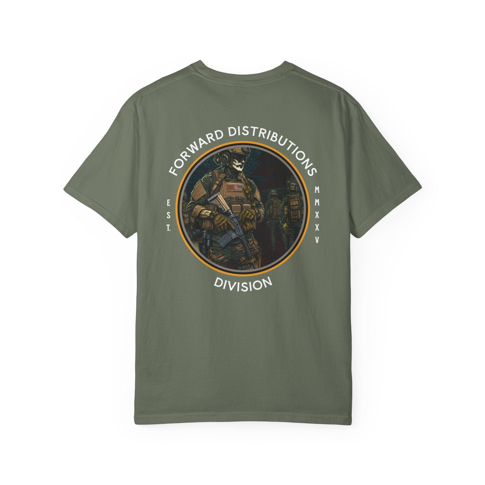 Moss t-shirt with a circular graphic design with a soldier wearing a helmet and tactical gear, with text around the design reading "FORWARD DISTRIBUTIONS DIVISION."