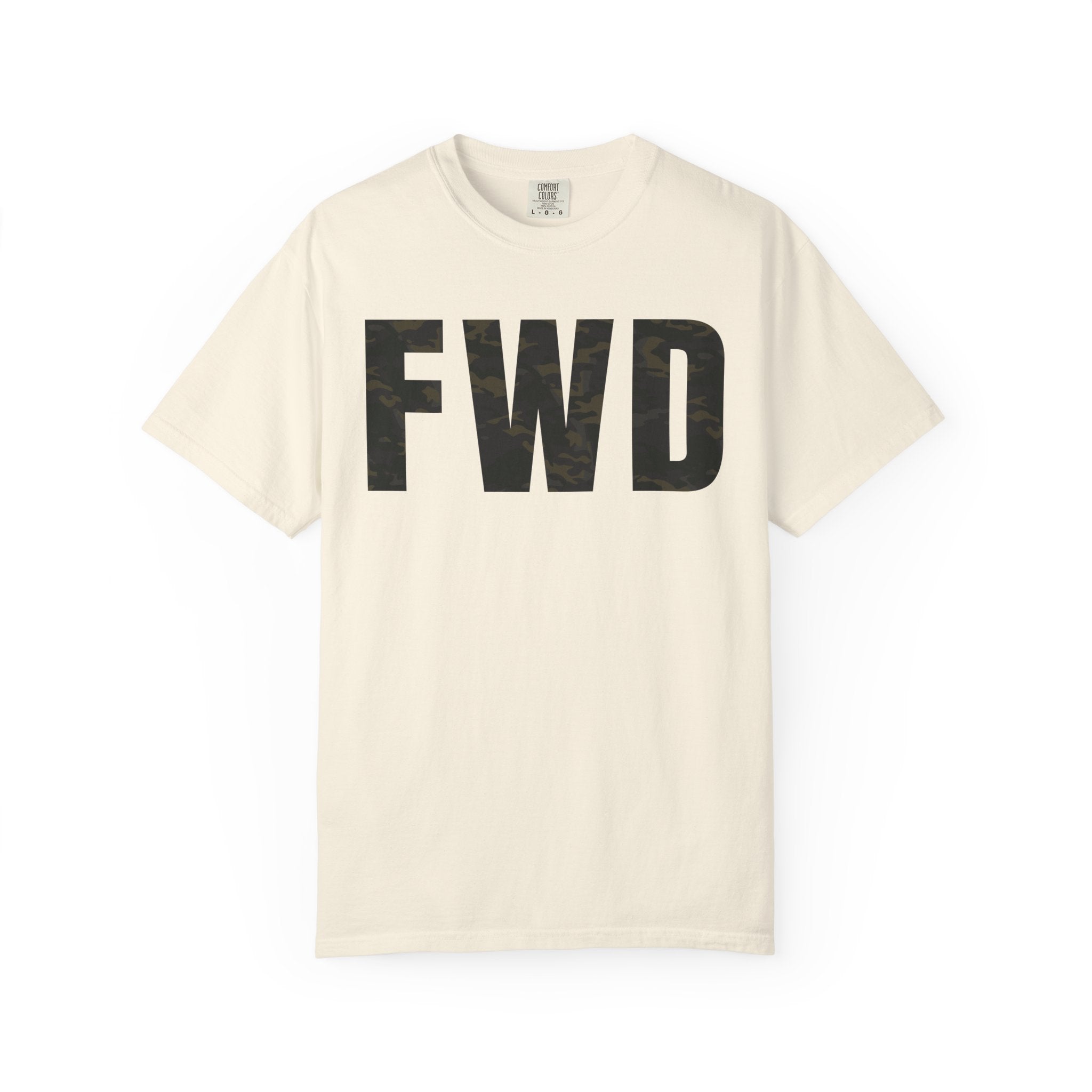 Ivory heavyweight cotton t-shirt with multicam camo "FWD" text, relaxed fit and rib collar, garment-dyed finish.