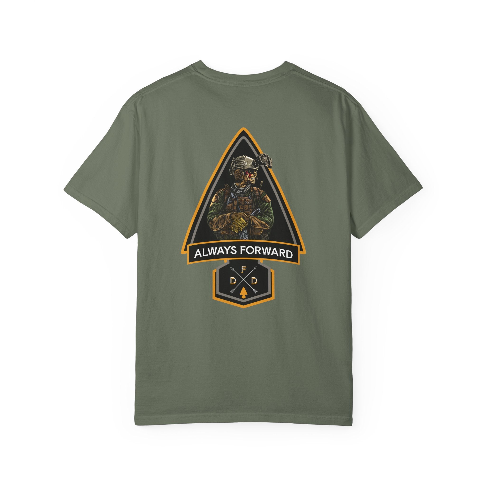 Moss FDD Arrow t-shirt with soldier graphic and "Always Forward" text on back, heavyweight cotton, relaxed fit.