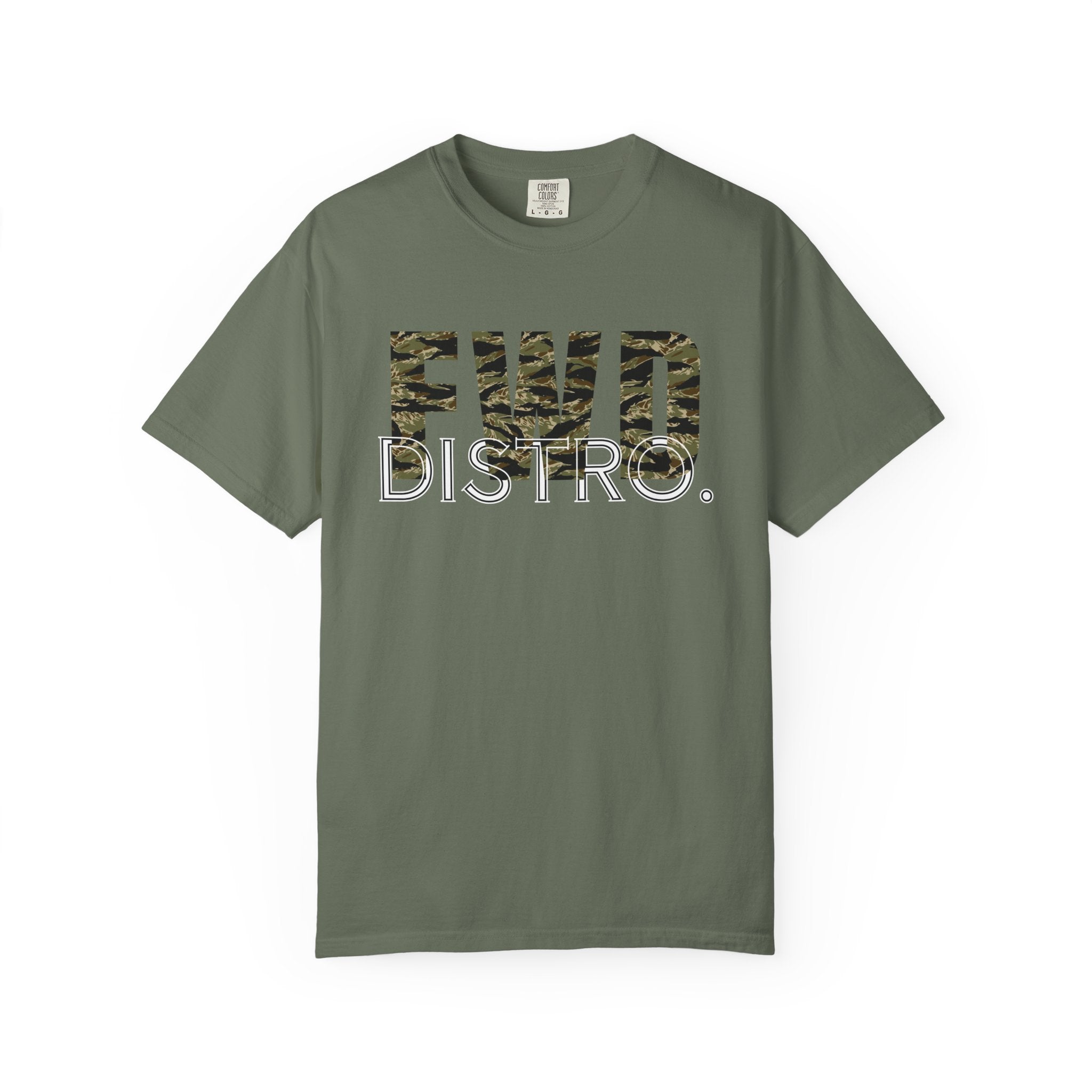 Moss heavyweight cotton t-shirt with "FWD DISTRO" tiger stripe graphic and relaxed fit, durable double-needle stitching.