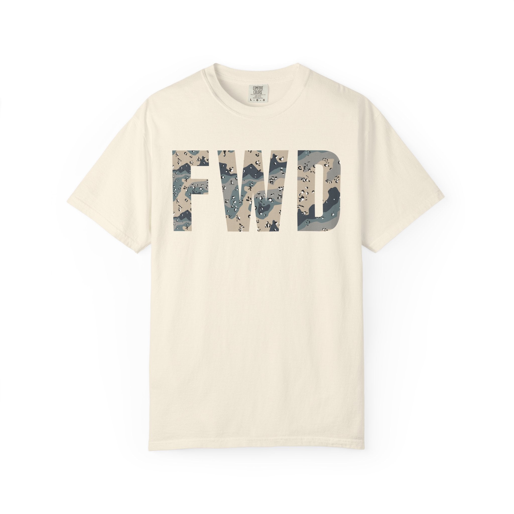 Ivory heavyweight cotton t-shirt with FWD text in polar choc chip camo pattern, relaxed fit, rib collar, and durable stitching.