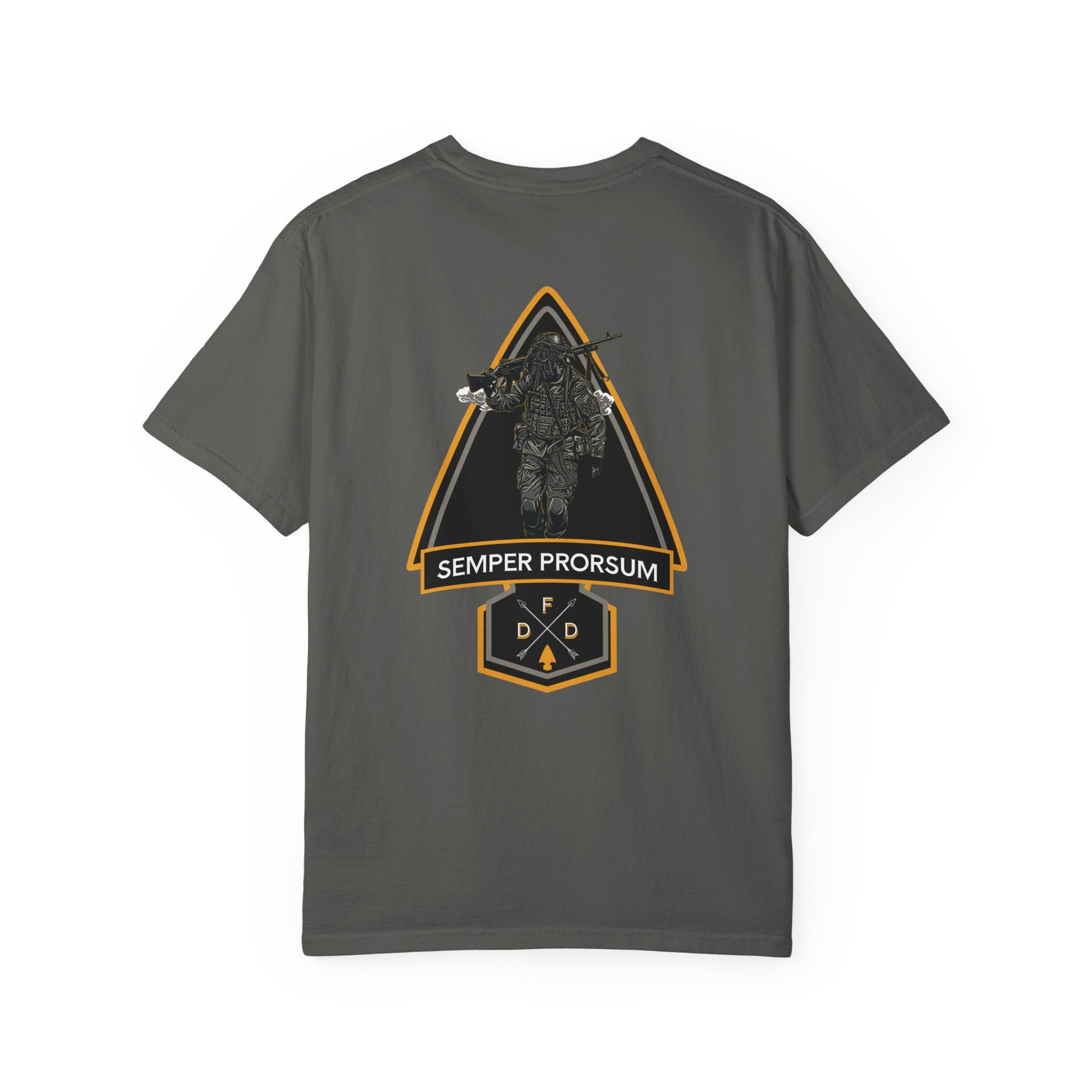 Pepper FDD Arrow II t-shirt with soldier graphic and "Semper Prorsum" text on the back, heavyweight cotton blend.