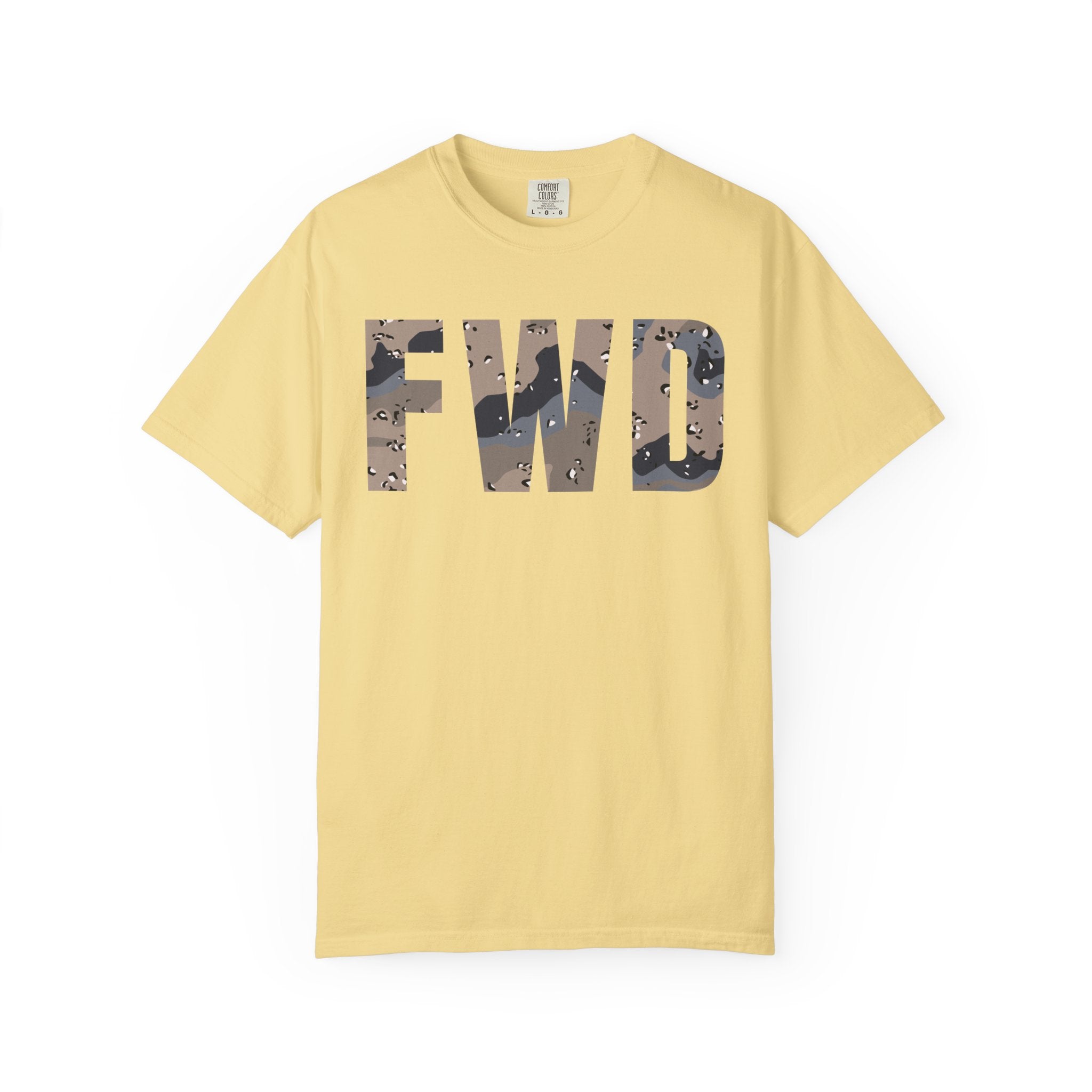 Butter heavyweight cotton t-shirt with FWD text in blueberry chip camouflage print, relaxed fit and rib collar.