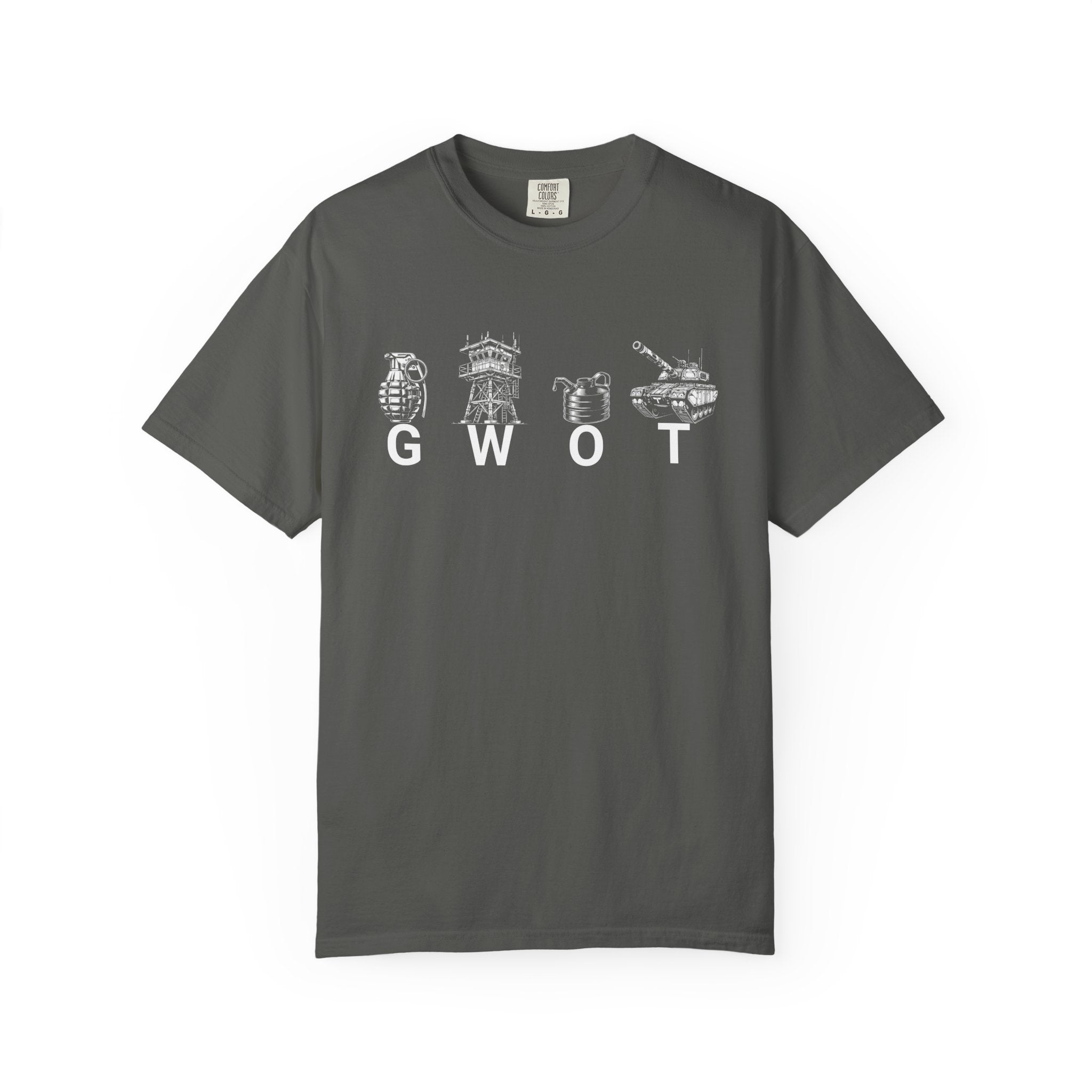 Pepper GWOT t-shirt with white military-themed graphics and heavyweight 100% ring spun cotton fabric