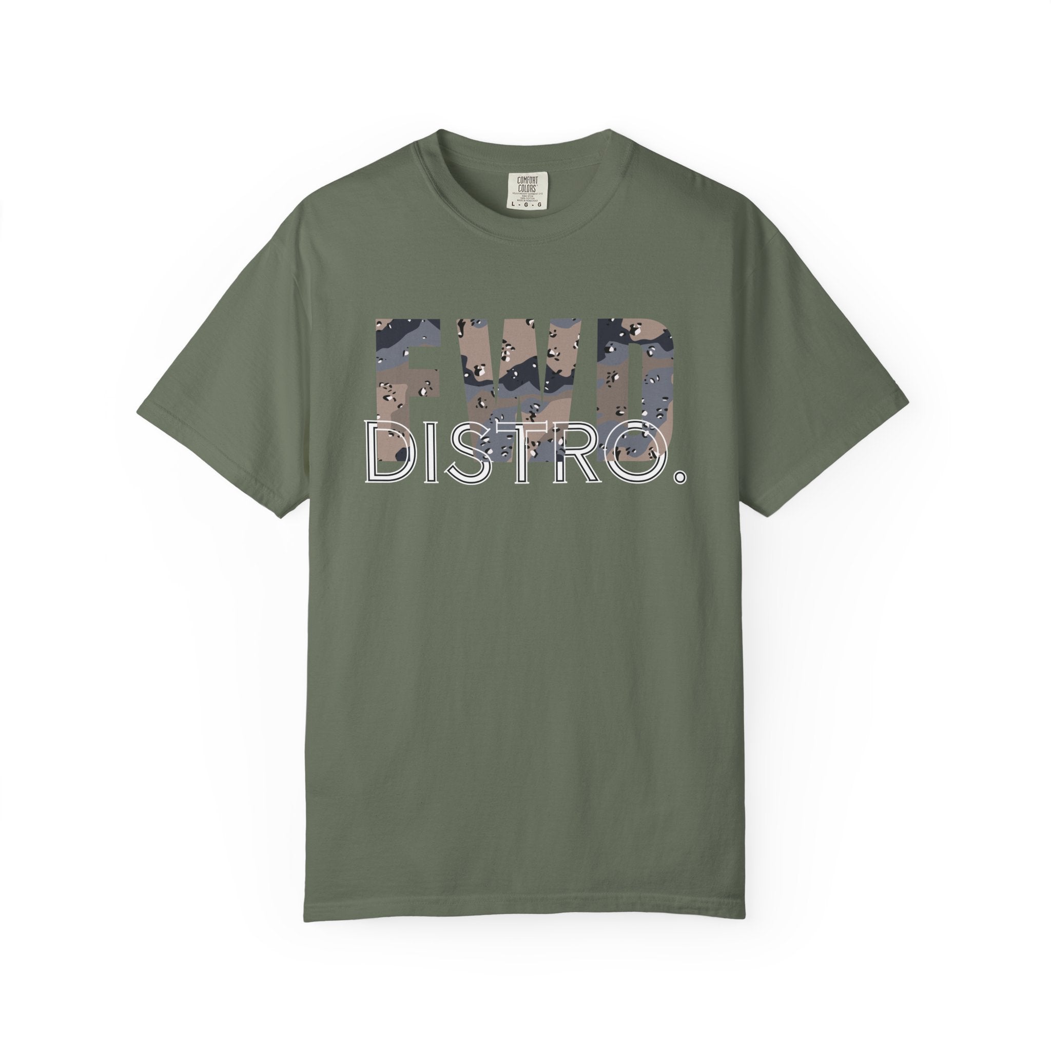 Moss heavyweight cotton T-shirt with FWD DISTRO. logo in Blueberry Chip camo print on front.