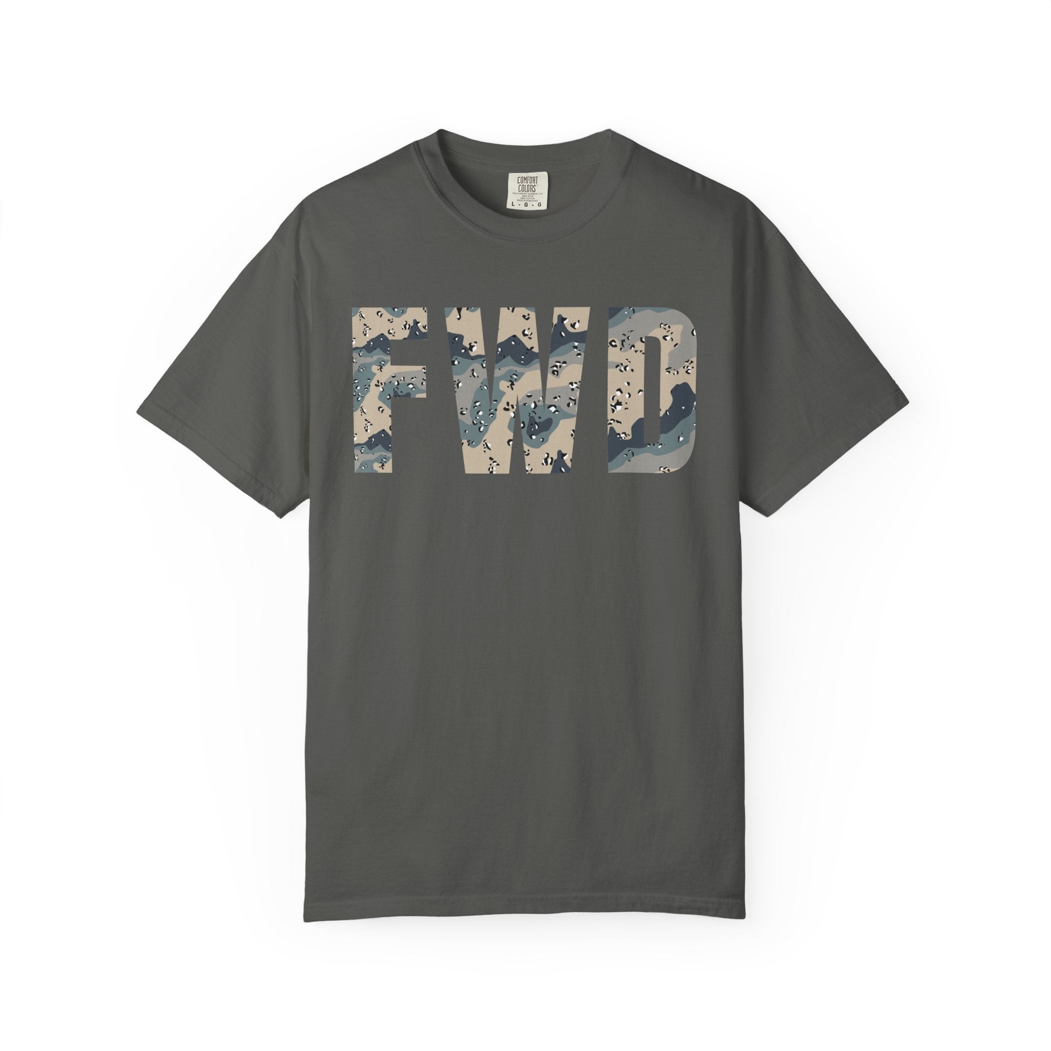 Pepper heavyweight cotton t-shirt with FWD text in polar choc chip camo pattern, relaxed fit, rib collar, and durable stitching.