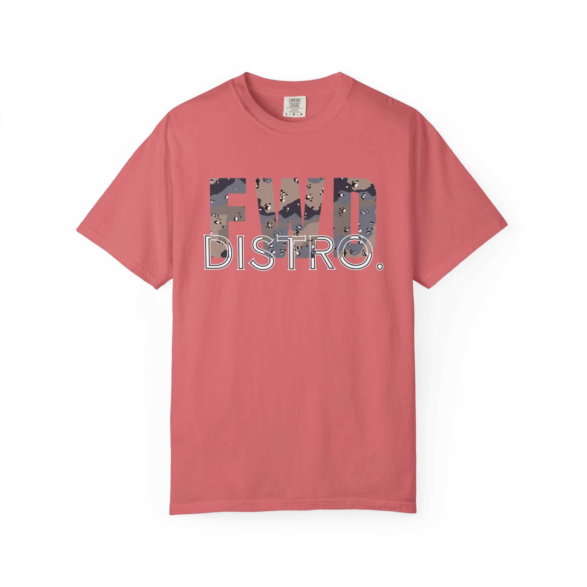 Watermelon heavyweight cotton T-shirt with FWD DISTRO. logo in Blueberry Chip camo print on front.