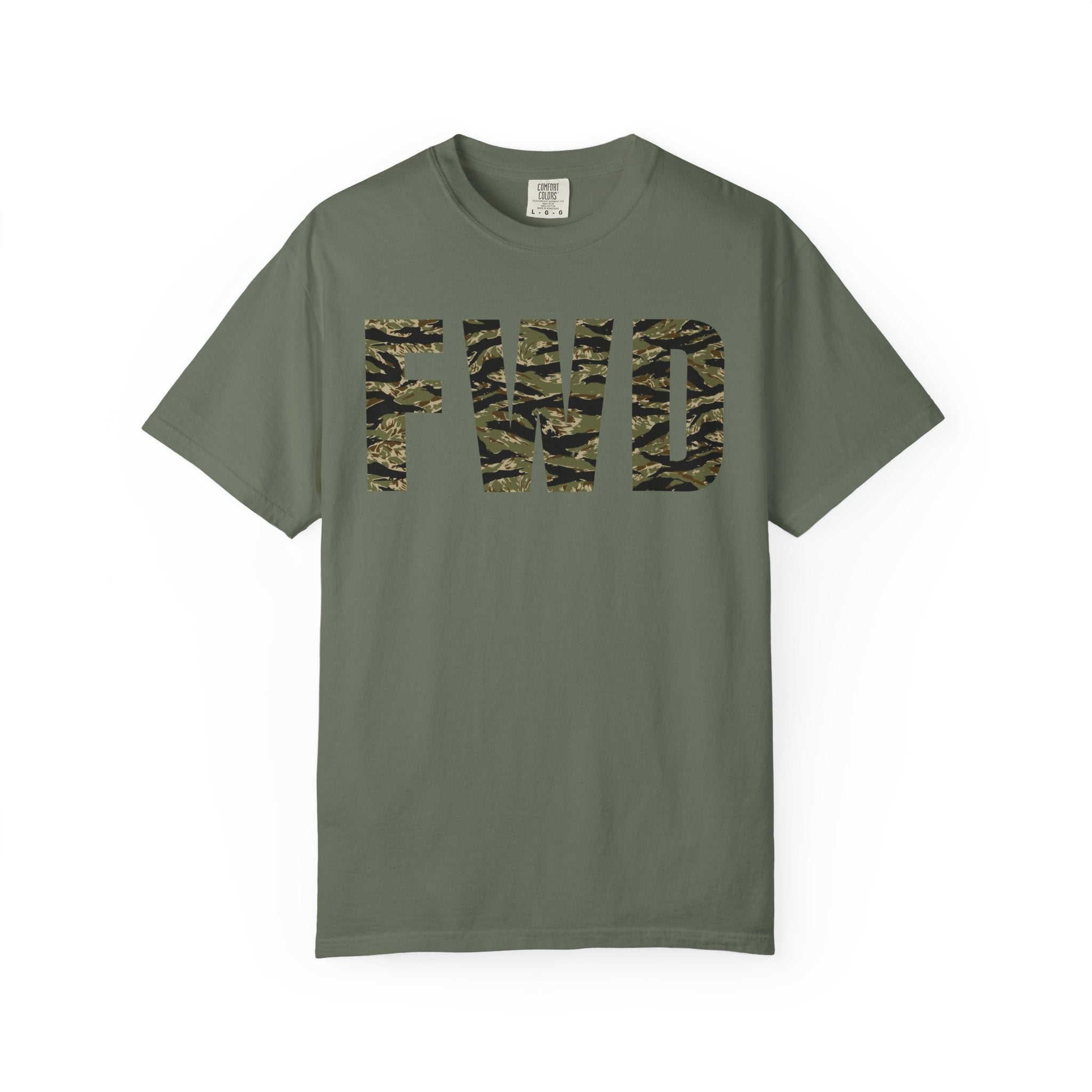 Moss heavyweight cotton t-shirt with tiger stripe FWD logo printed on the front in classic relaxed fit design.