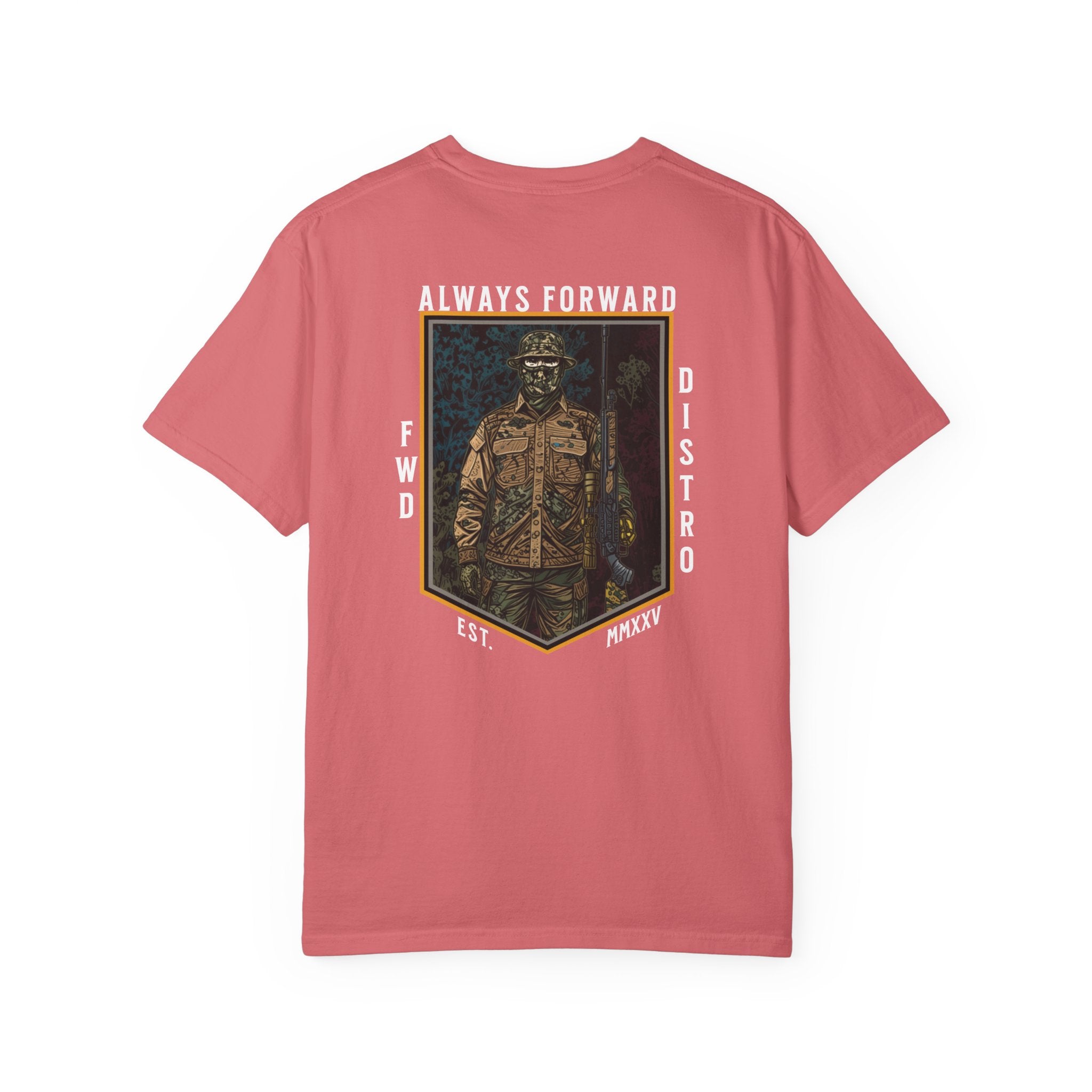 Watermelon t-shirt with "Always Forward" graphic of a soldier in tactical gear on the back, relaxed fit, heavyweight cotton.