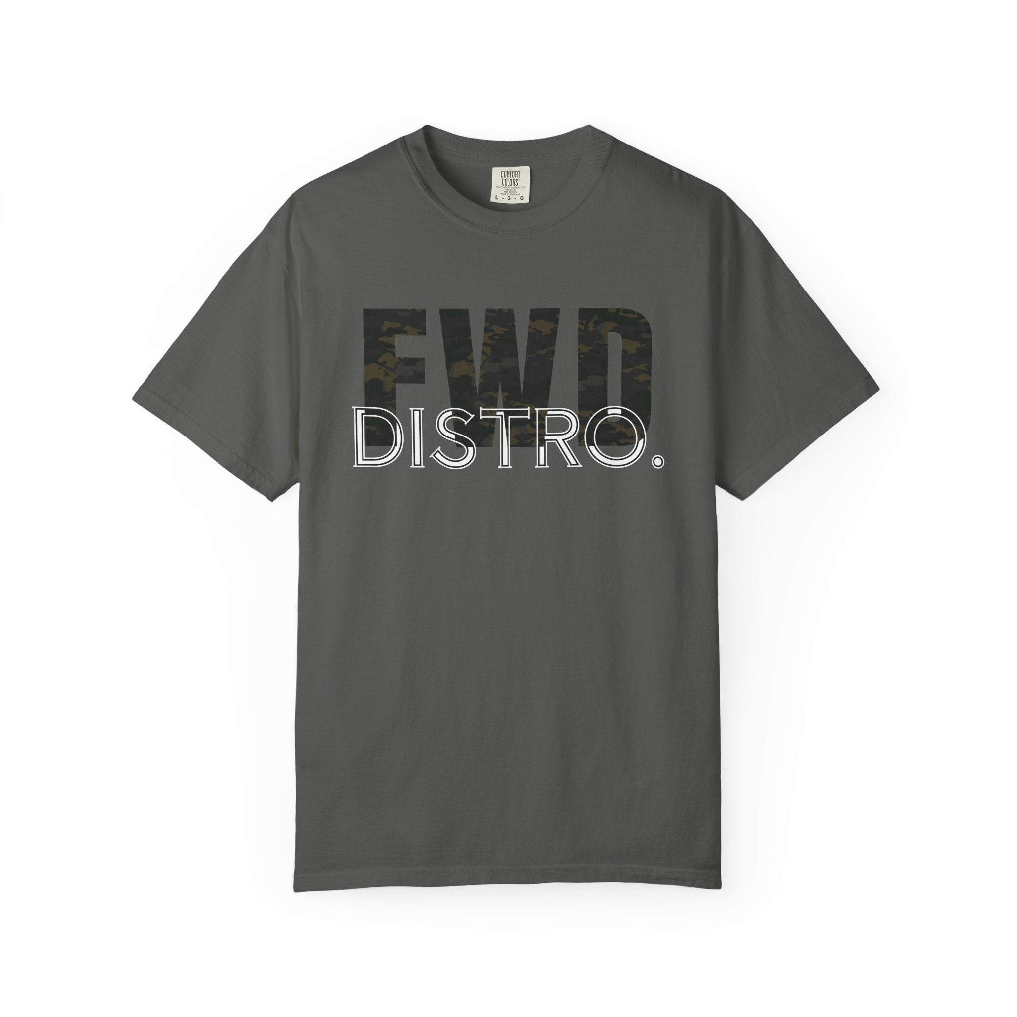 Pepper heavyweight cotton t-shirt with FWD Distro logo in multicam camouflage print on front