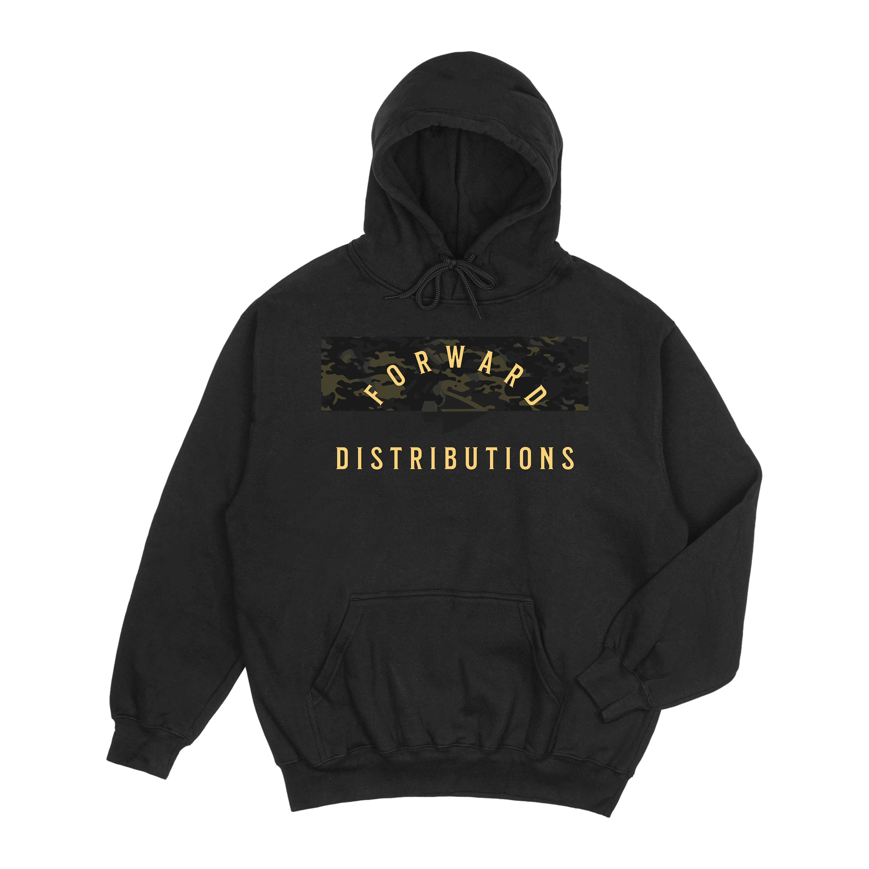 Black hoodie with adjustable hood, kangaroo pocket, and split camo black multicam design with Forward Distributions text