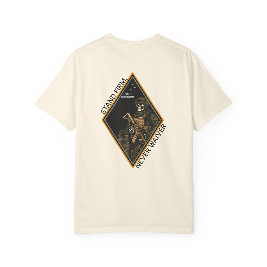 Ivory t-shirt with Skeleton graphic design on a Diamond shaped graphic with Sand Firm Never Waiver text. 