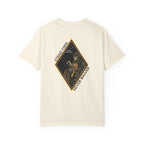 Ivory t-shirt with Skeleton graphic design on a Diamond shaped graphic with Sand Firm Never Waiver text. 