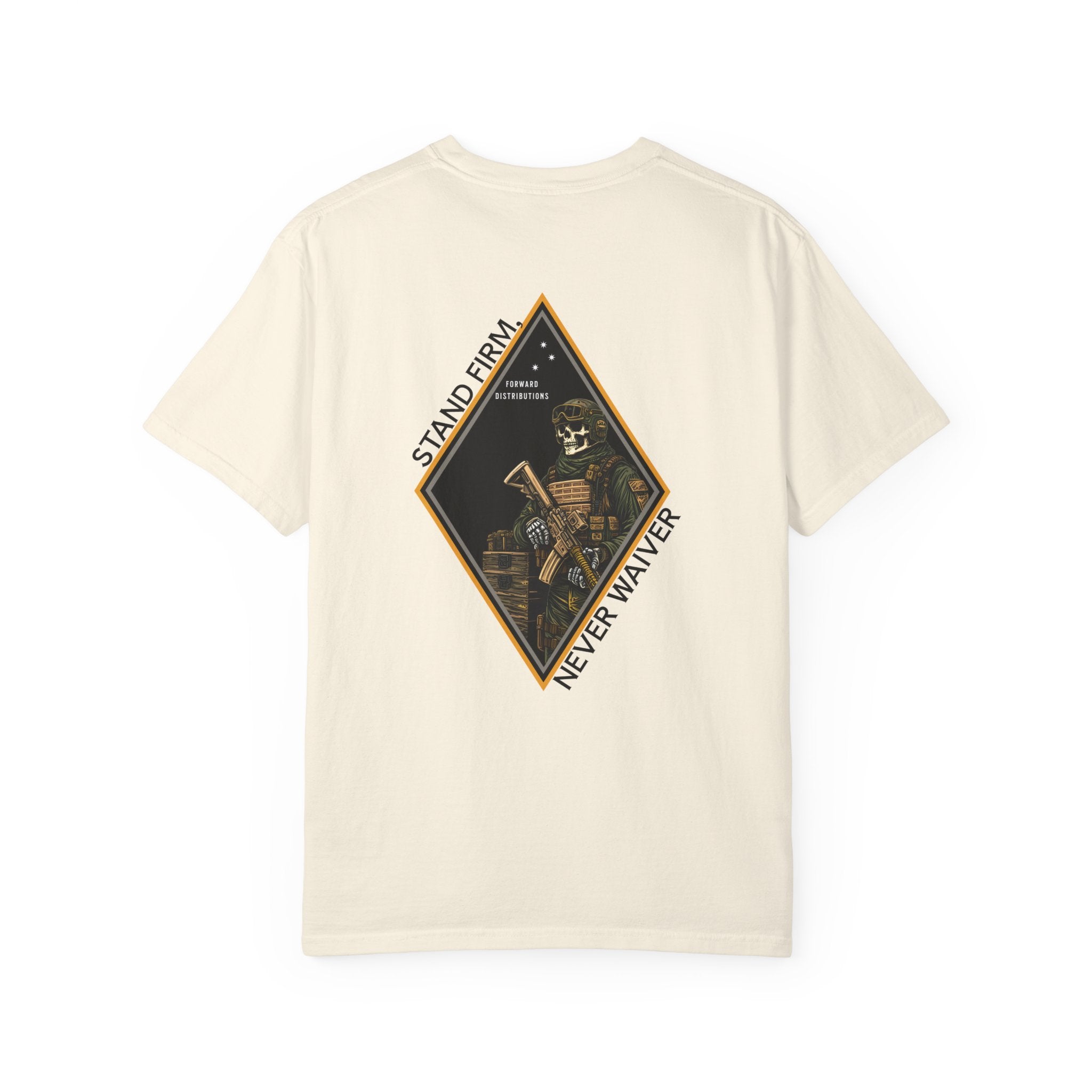 Ivory t-shirt with Skeleton graphic design on a Diamond shaped graphic with Sand Firm Never Waiver text. 